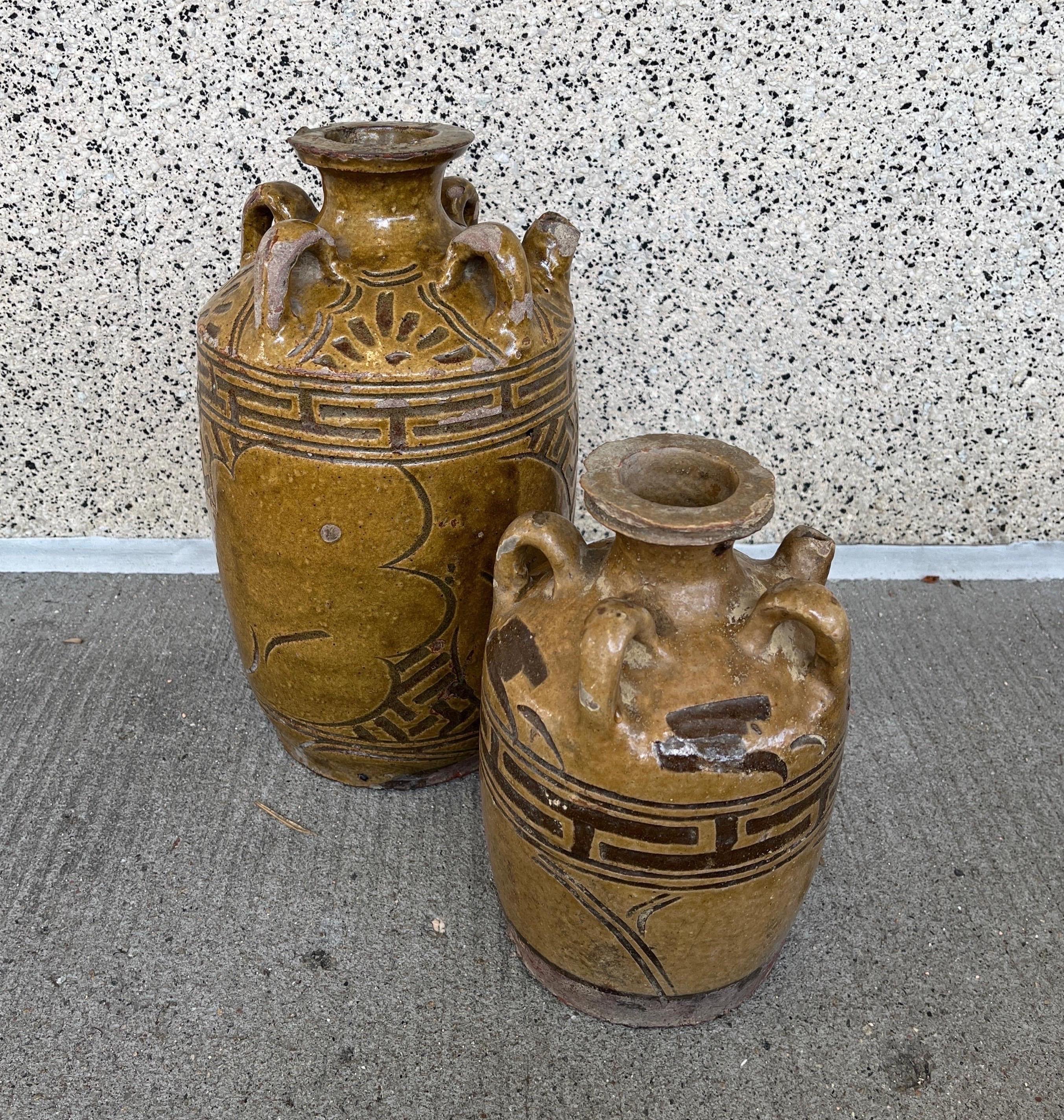 Set Of Two Antique Chinese  Ceramic Wine Vessels In Fair Condition For Sale In New York, NY