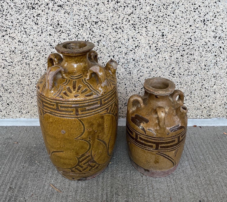 Set Of Two Antique Chinese Ceramic Wine Vessels For Sale at 1stDibs