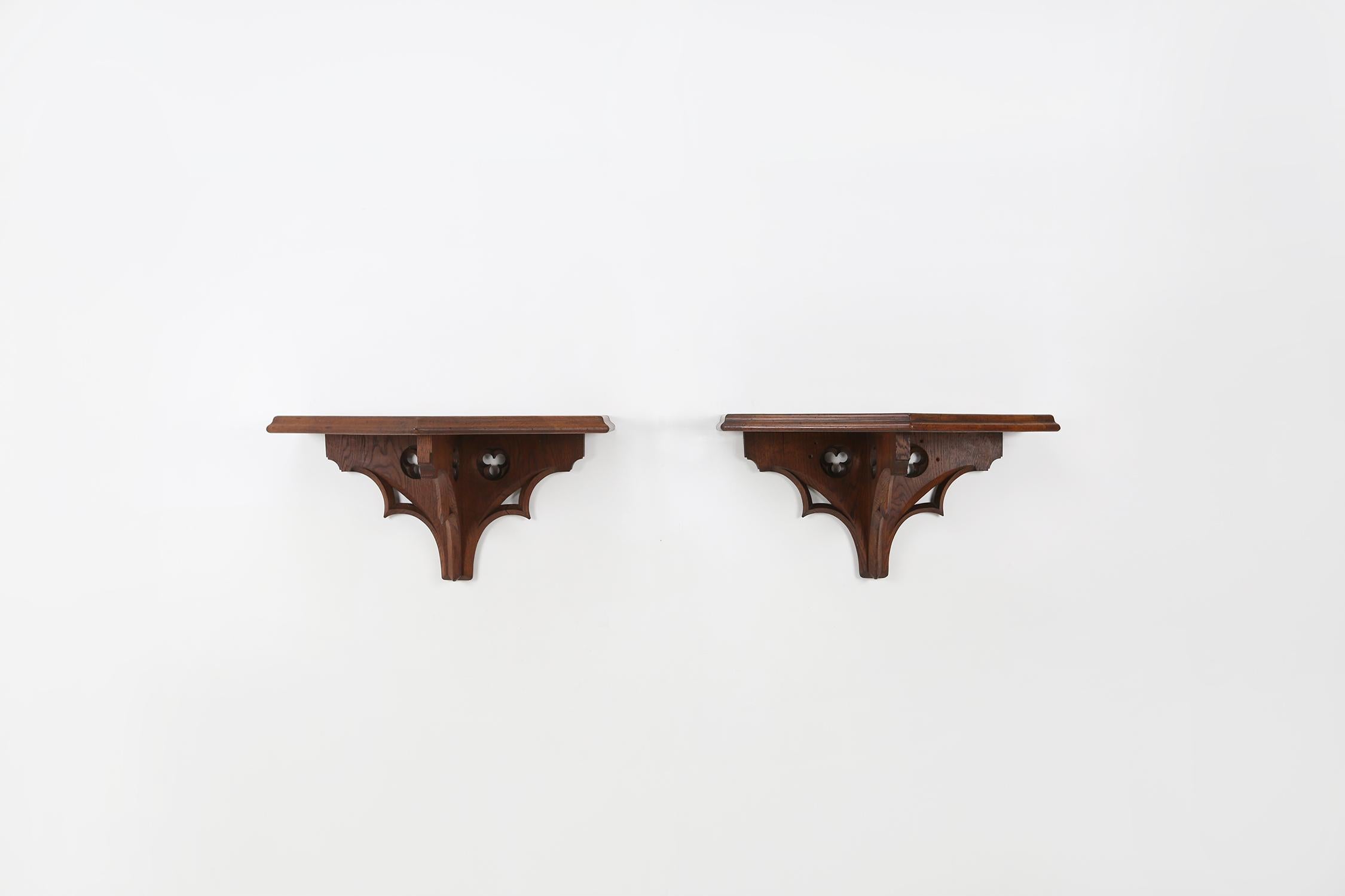 Set of two French antique church consoles made of solid oak Ca.1850.
Originally used for church statues these consoles can be a great eye catcher for a interior as a decoration piece.
Has some nice details in the in the wood.
  
