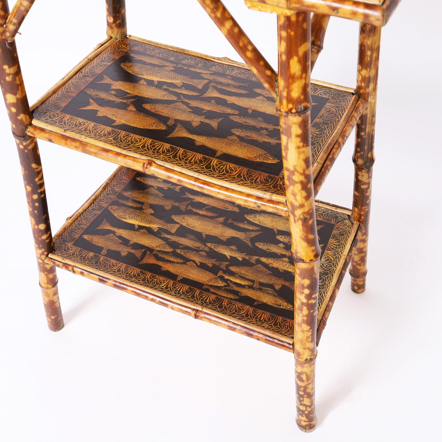 Set of Two Antique English Bamboo Tables or Stands with Fish Decoupage 5