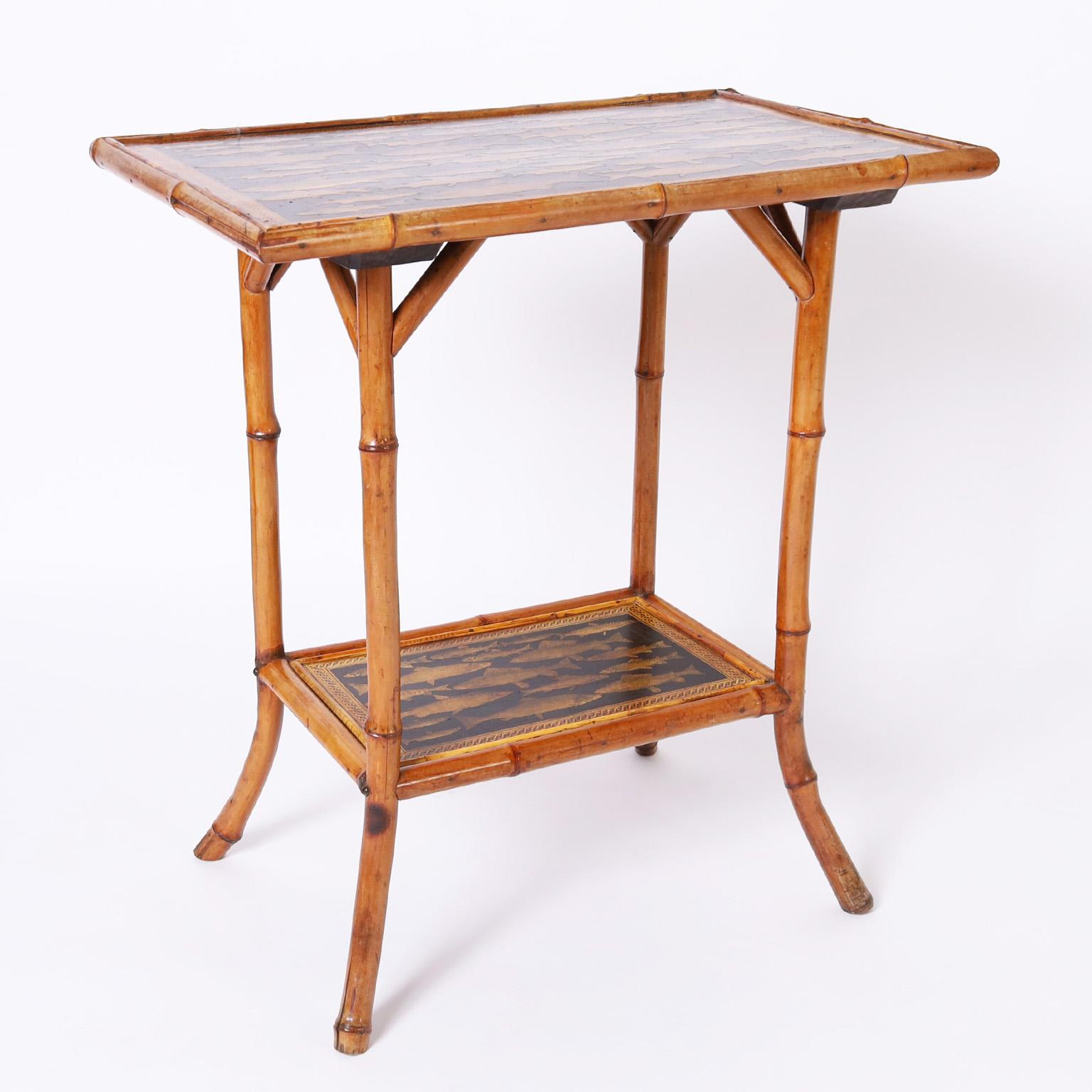 Set of Two Antique English Bamboo Tables or Stands with Fish Decoupage In Good Condition In Palm Beach, FL