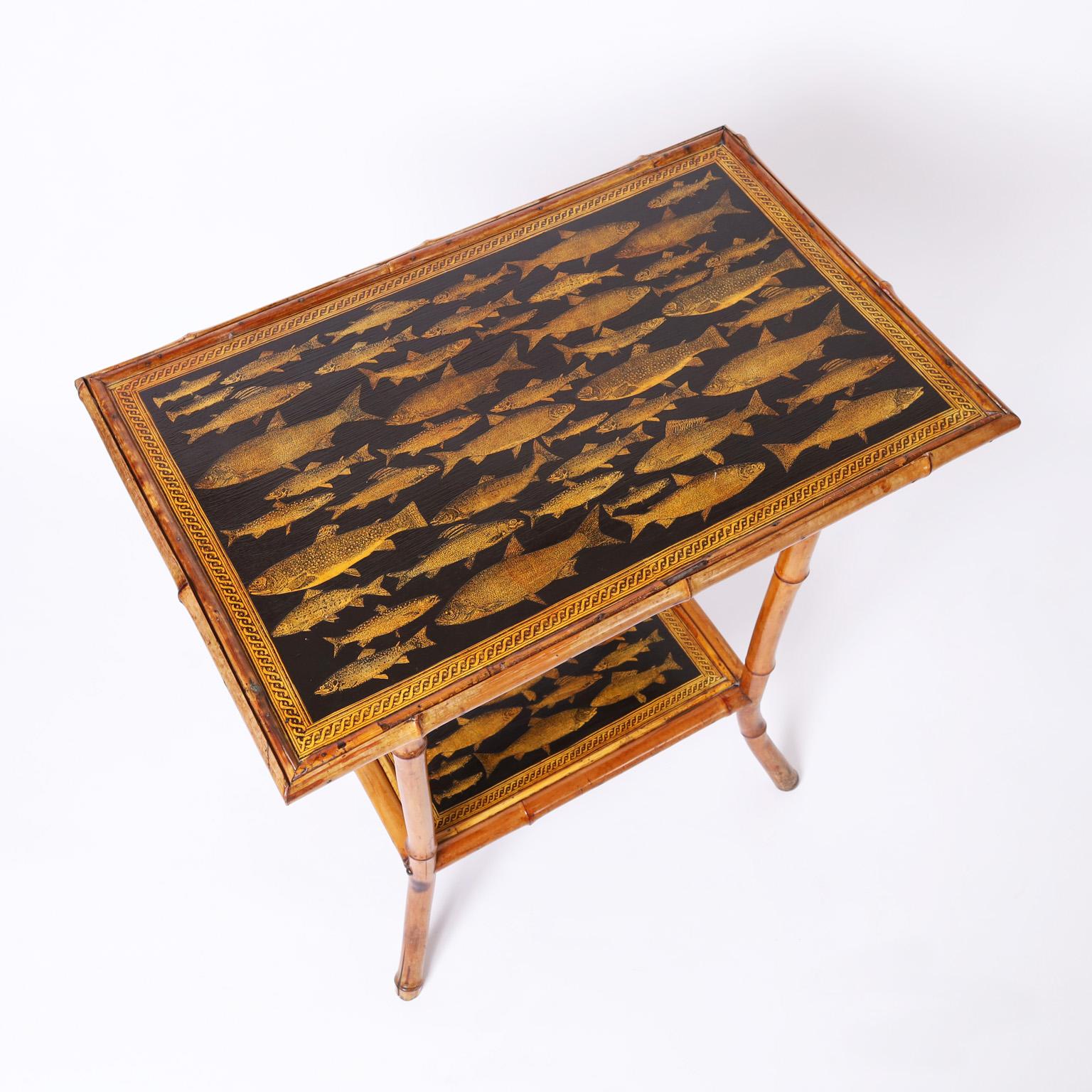 19th Century Set of Two Antique English Bamboo Tables or Stands with Fish Decoupage