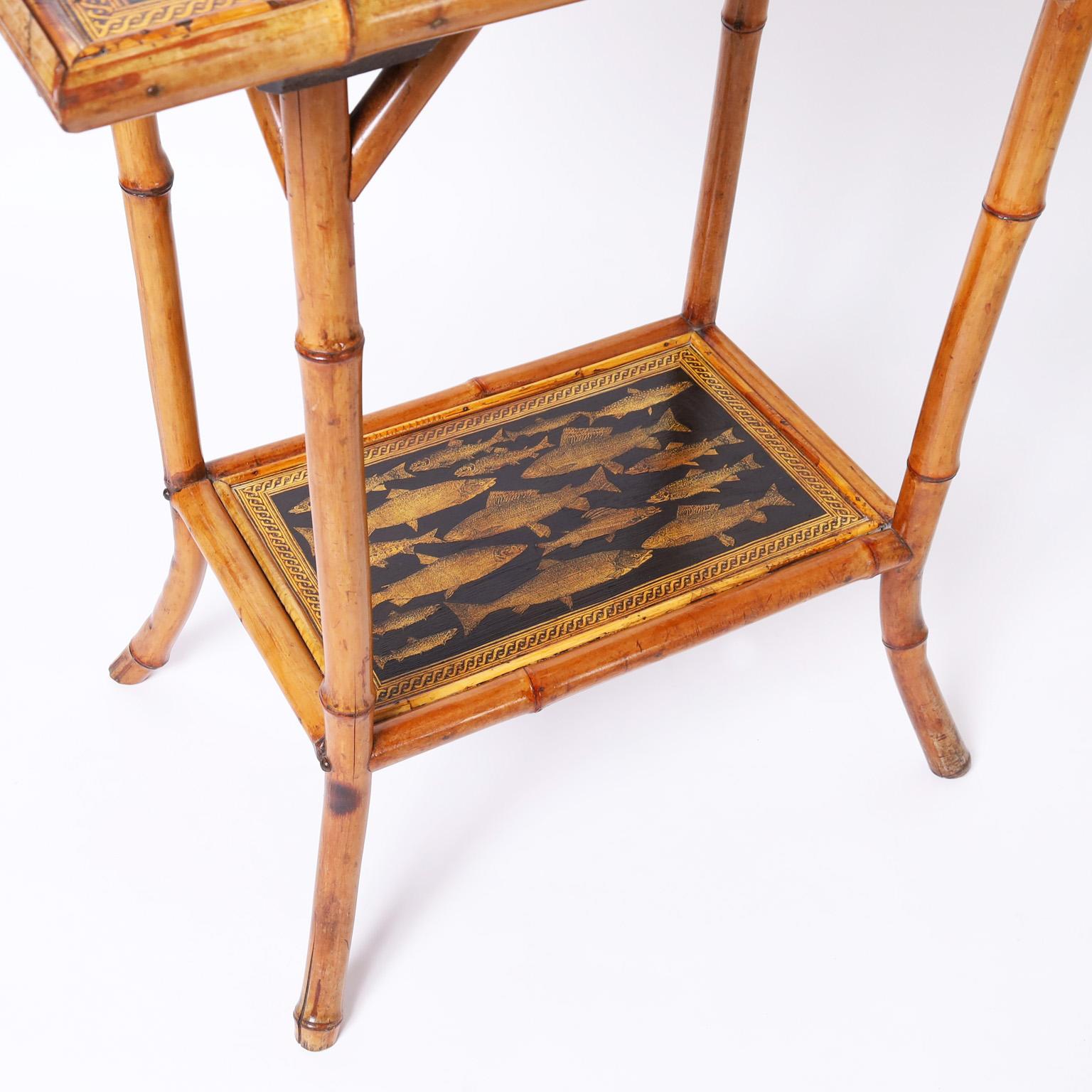 Set of Two Antique English Bamboo Tables or Stands with Fish Decoupage 1