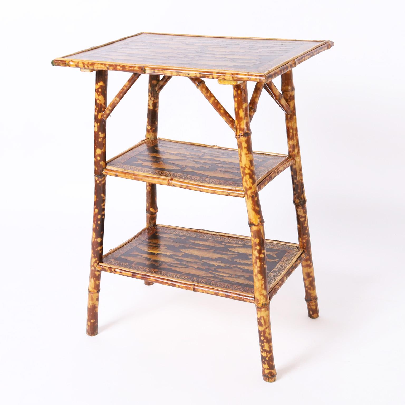 Set of Two Antique English Bamboo Tables or Stands with Fish Decoupage 3