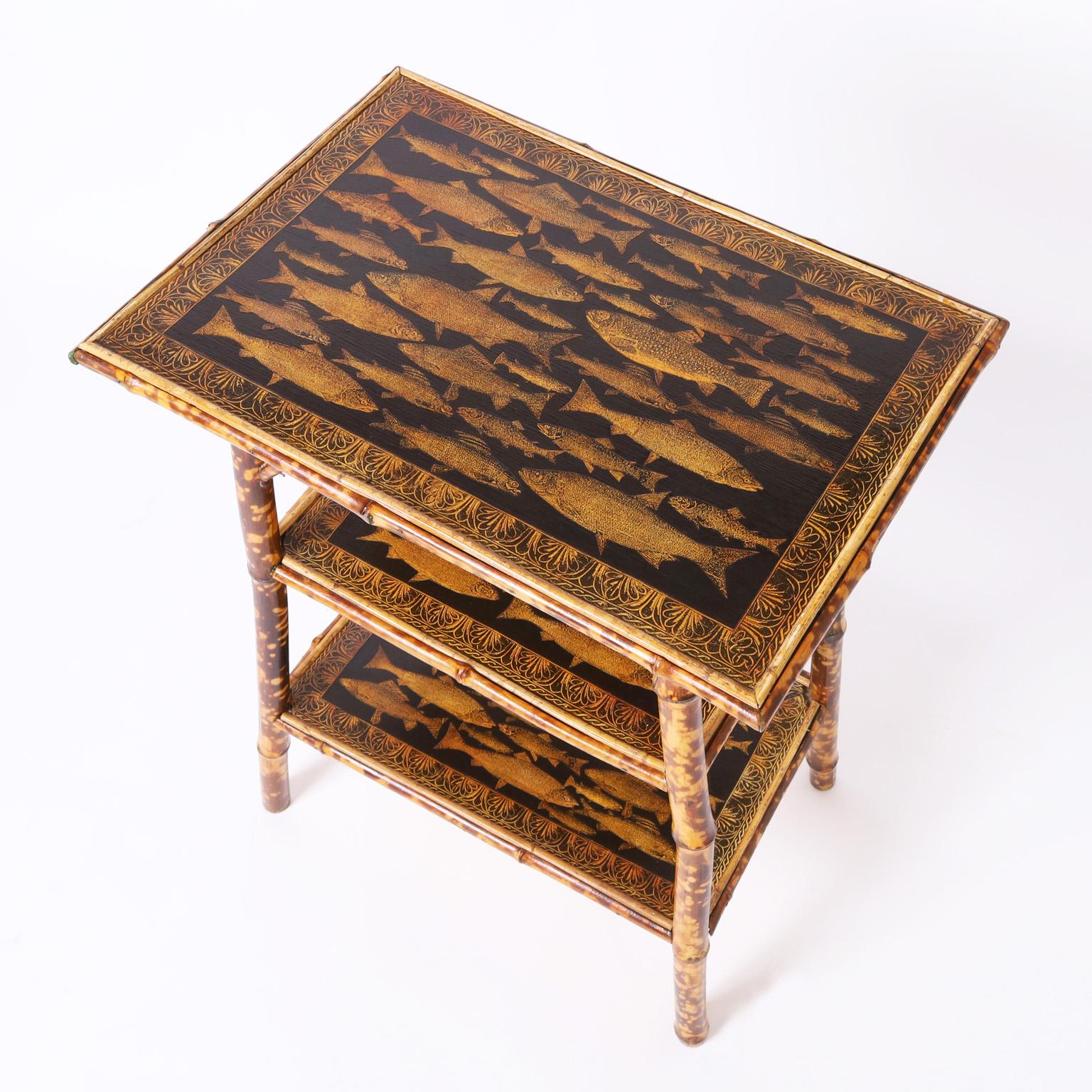 Set of Two Antique English Bamboo Tables or Stands with Fish Decoupage 4