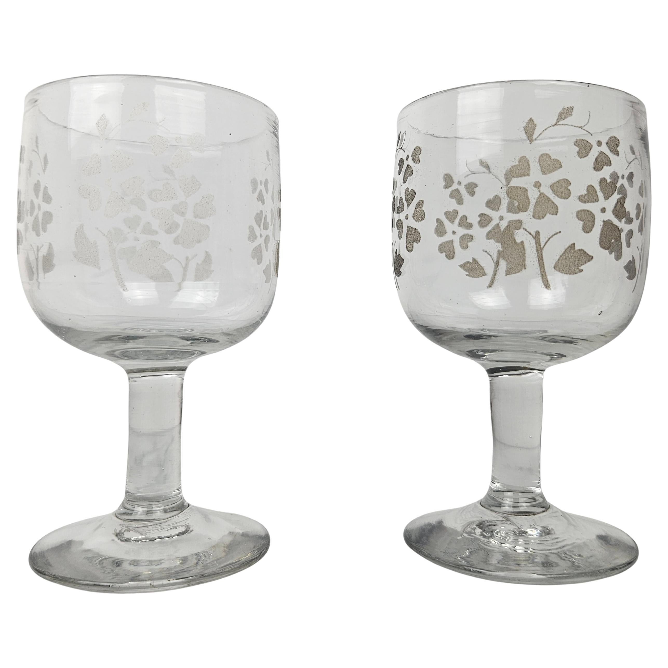 Set of Two Antique Etched Glasses with Floral Motifs, circa 1880