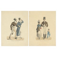 Set of Two Antique Fashion Prints of Men and a Family by Lasteyrie 'c.1820'