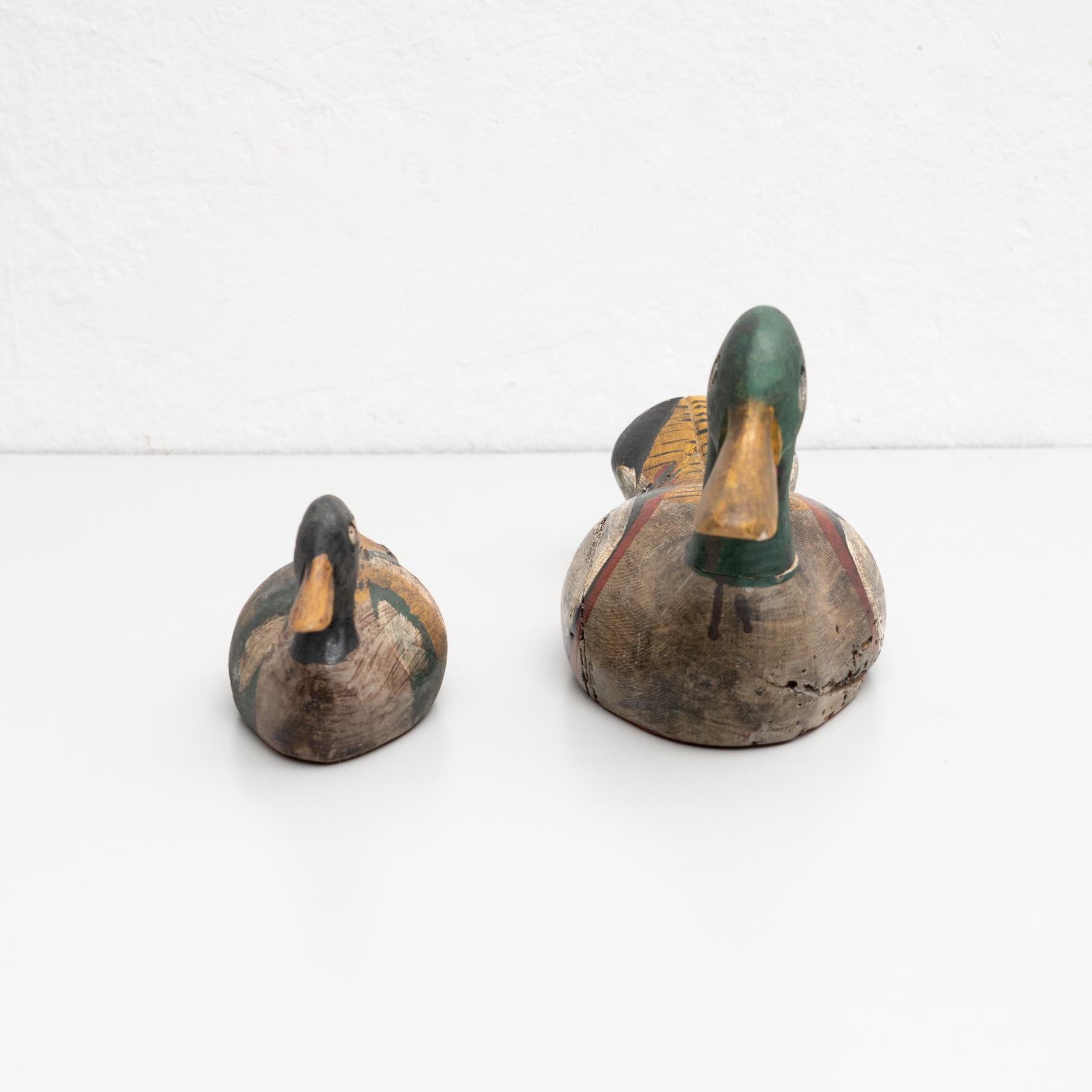 Mid-Century Modern Set of Two Antique Hand-Painted Wooden Duck Figures circa 1950