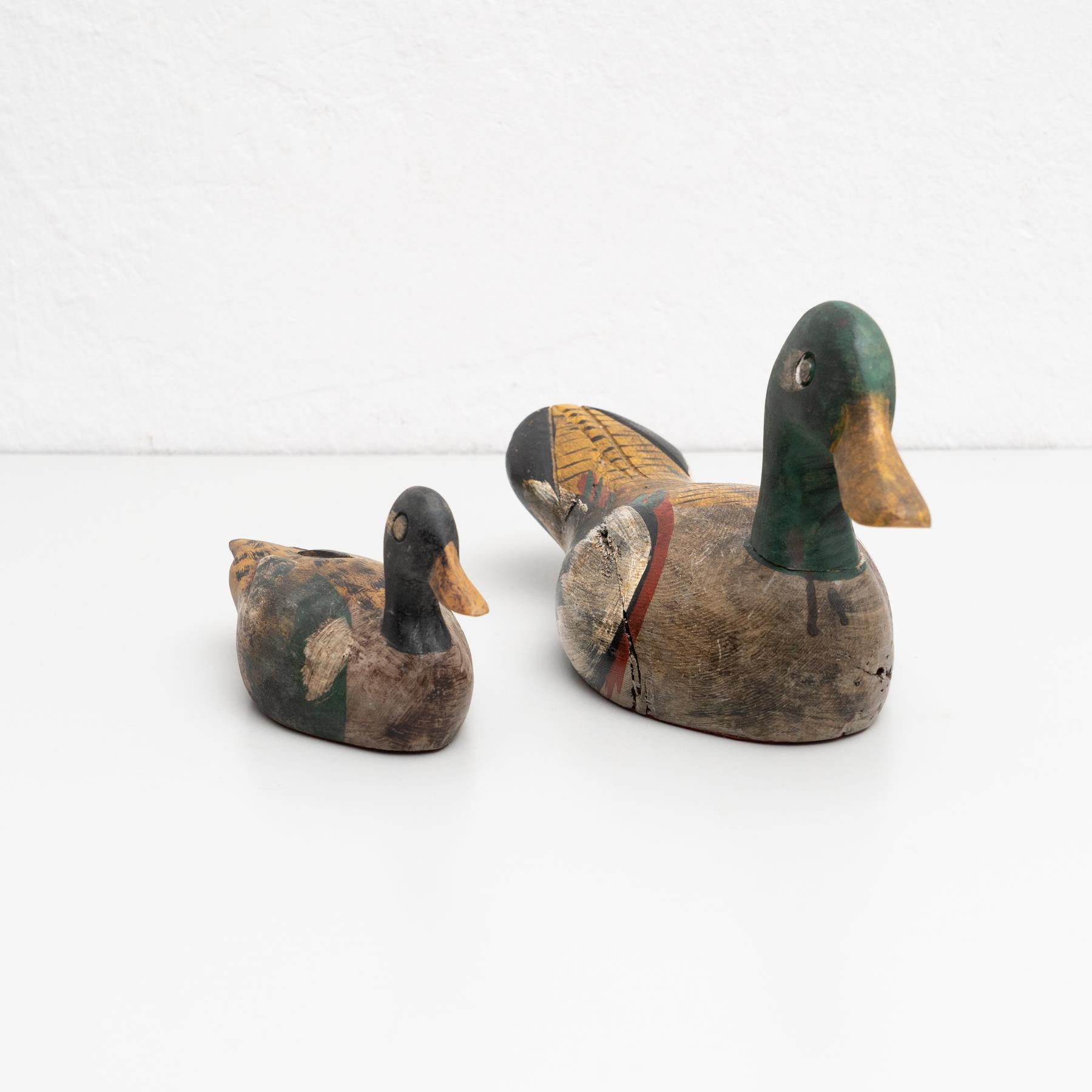 Spanish Set of Two Antique Hand-Painted Wooden Duck Figures circa 1950
