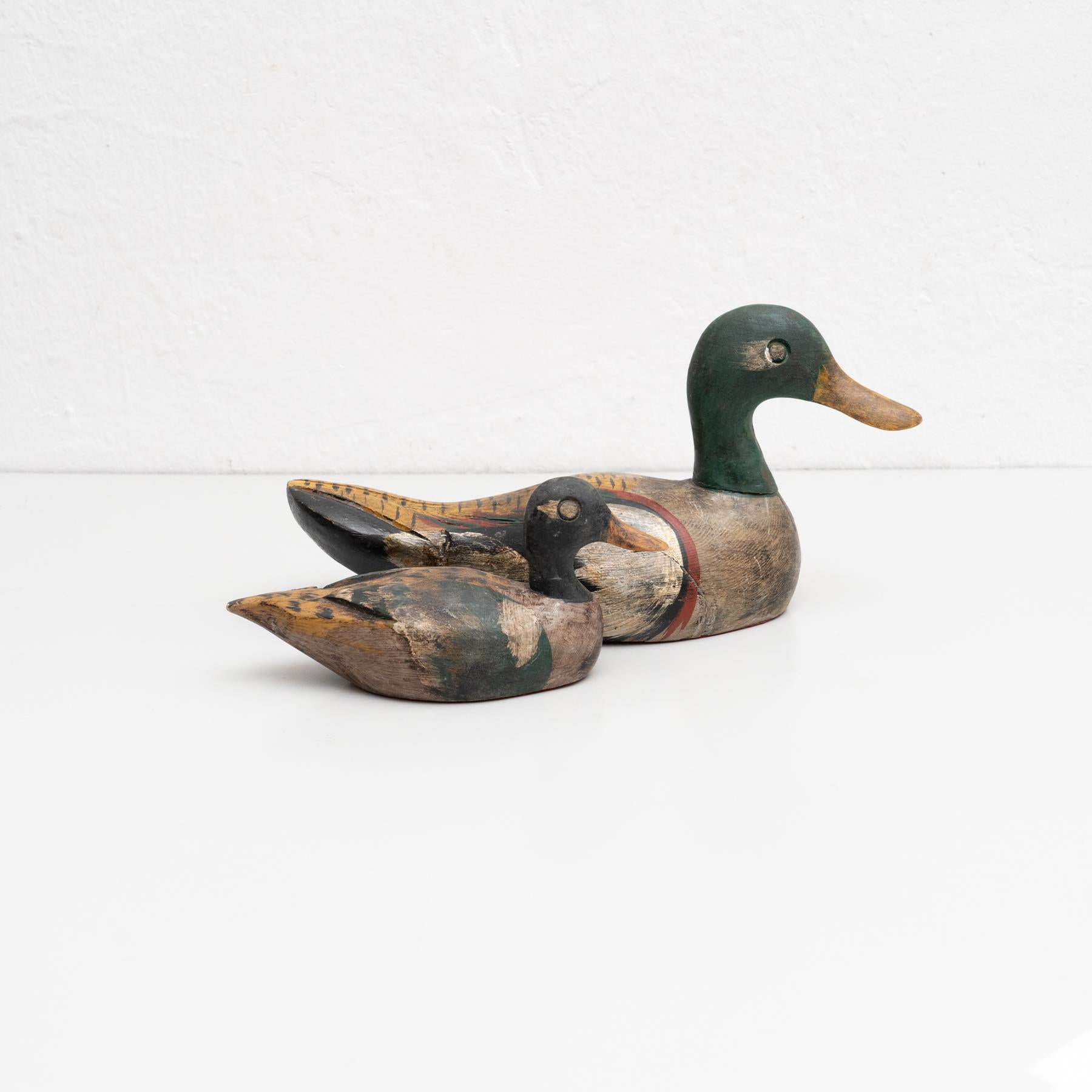Mid-20th Century Set of Two Antique Hand-Painted Wooden Duck Figures circa 1950