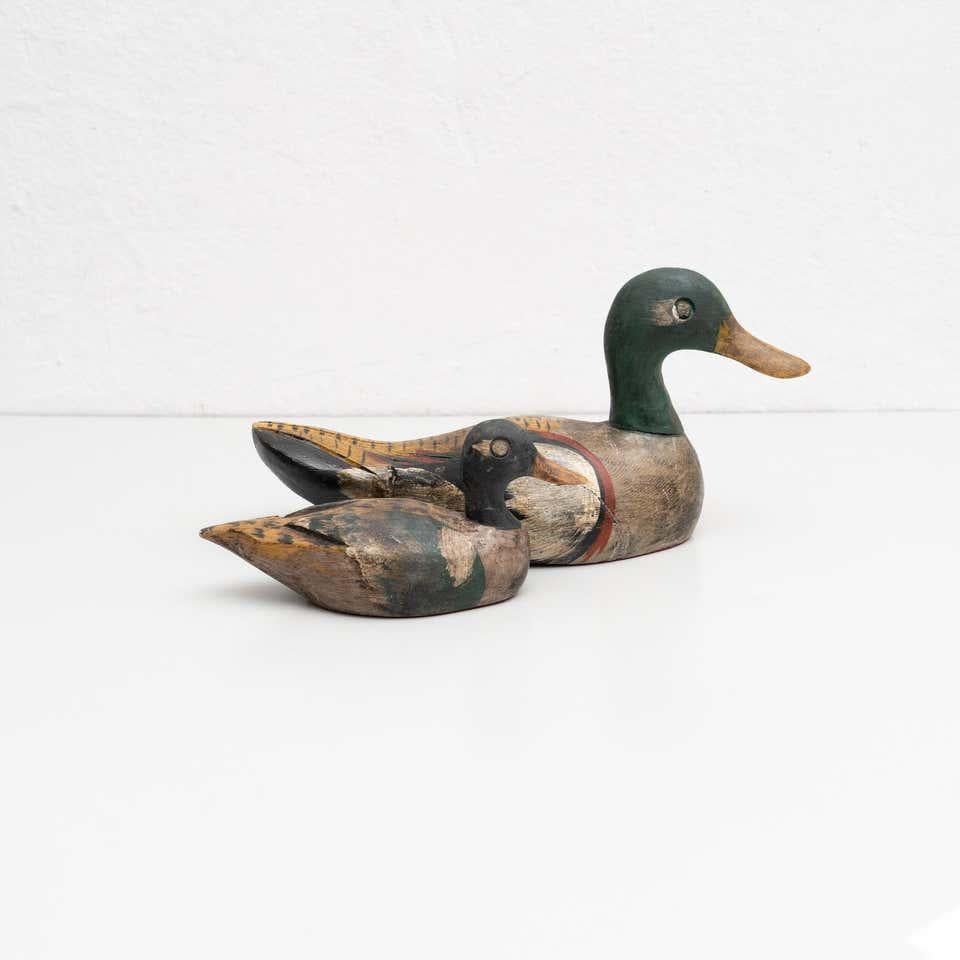 Mid-Century Modern Set of Two Antique Hand-Painted Wooden Duck Figures, circa 1950 For Sale