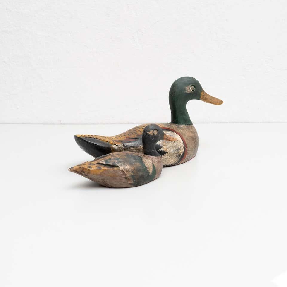 Spanish Set of Two Antique Hand-Painted Wooden Duck Figures, circa 1950 For Sale