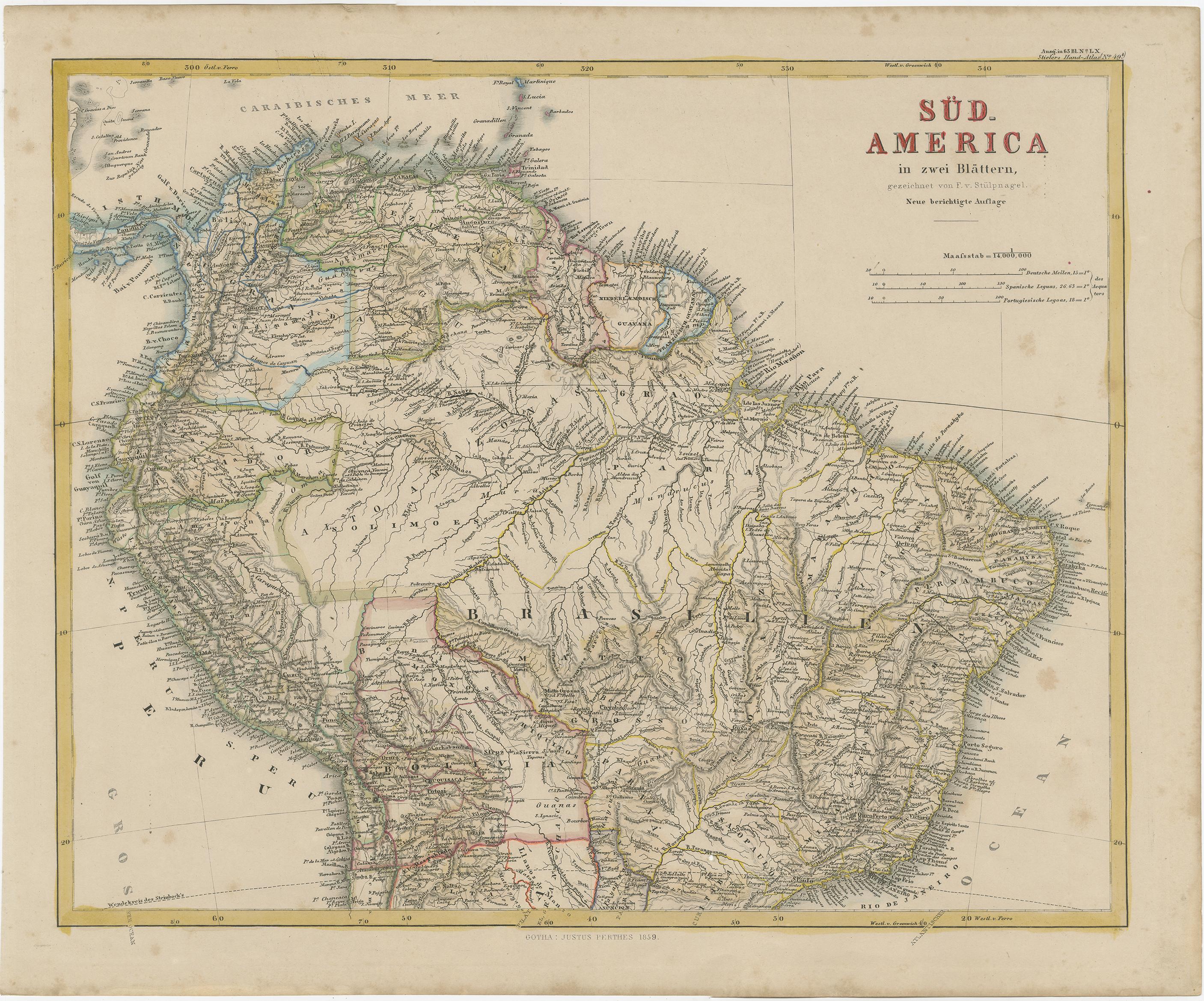 Satz von zwei antiken Karten mit dem Titel 'Süd-Amerika in zwei Blättern'. Zwei Einzelblätter zu Südamerika. Mit beigefügten Karten von Rio de Janeiro und der Bucht von Rio de Janeiro. 

Diese Karte stammt aus Stielers Handatlas, veröffentlicht um