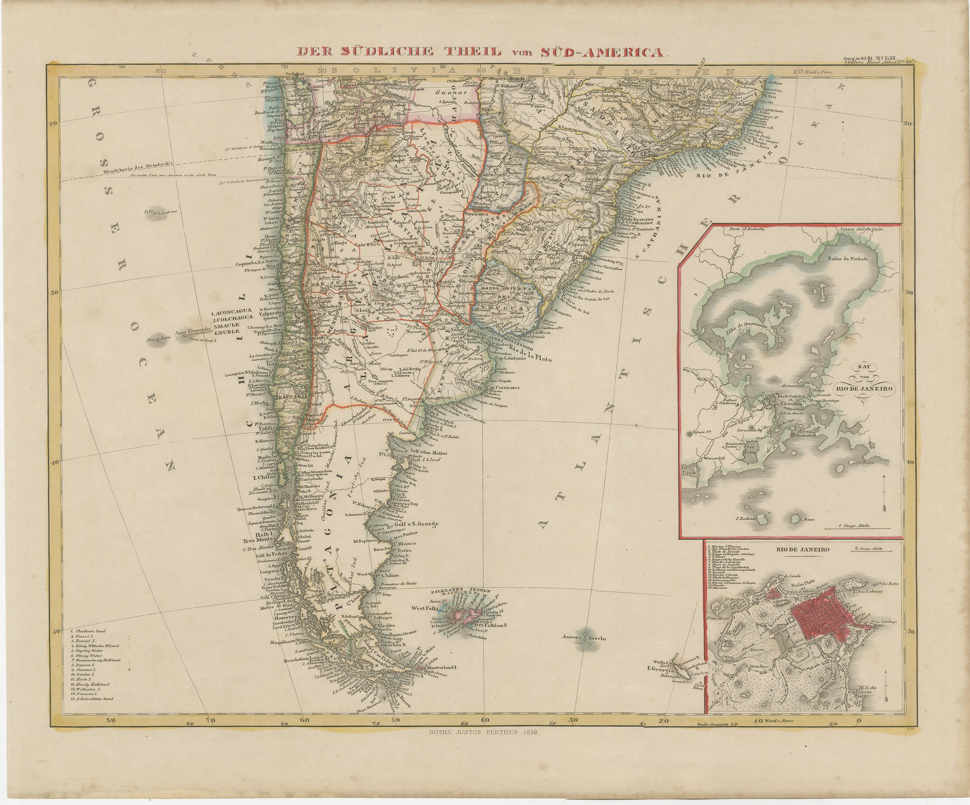 Ensemble de deux cartes anciennes d'Amrique du Sud avec des cartes encastres de Rio de Janeiro Bon état - En vente à Langweer, NL