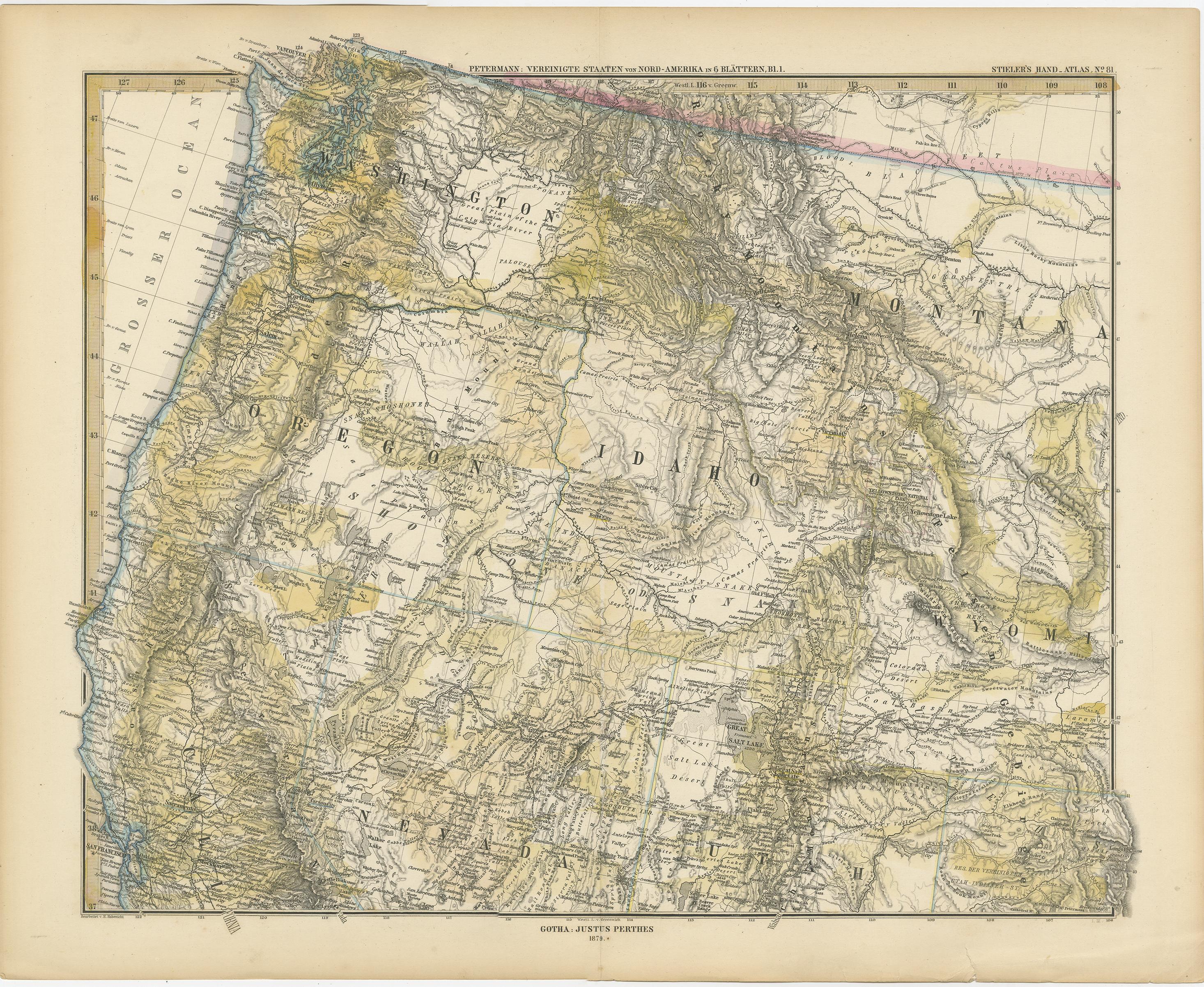 Set of two individual antique maps of part of the United States. It shows the region and surroundings of Oregon, Idaho, Wyoming, Nebraska, Iowa, Dakota and Wisconsin. Published as part of a set of six individual maps. 

These maps originate from