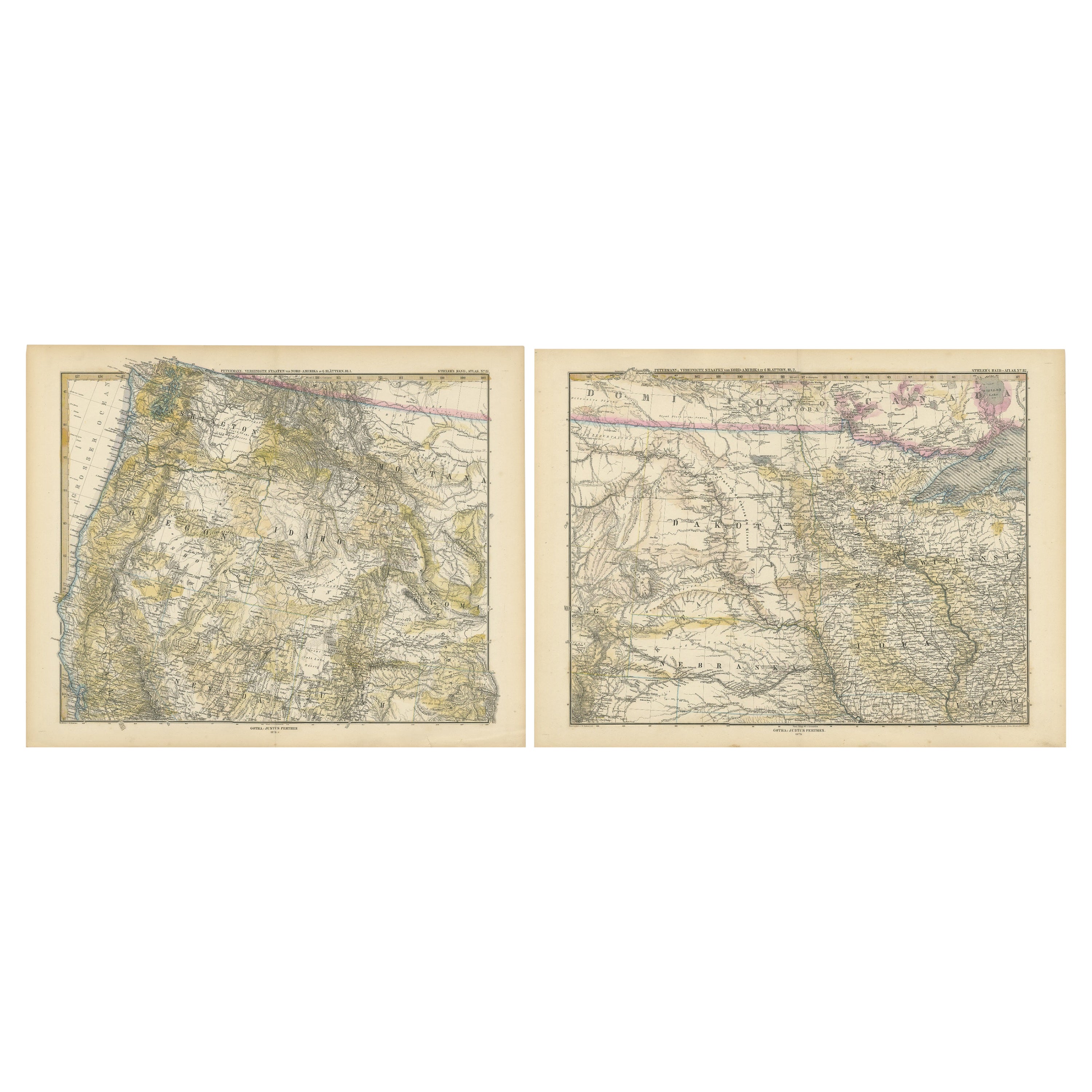 Set di due mappe antiche della regione di Oregon, Idaho, Wyoming, Nebraska e Iowa