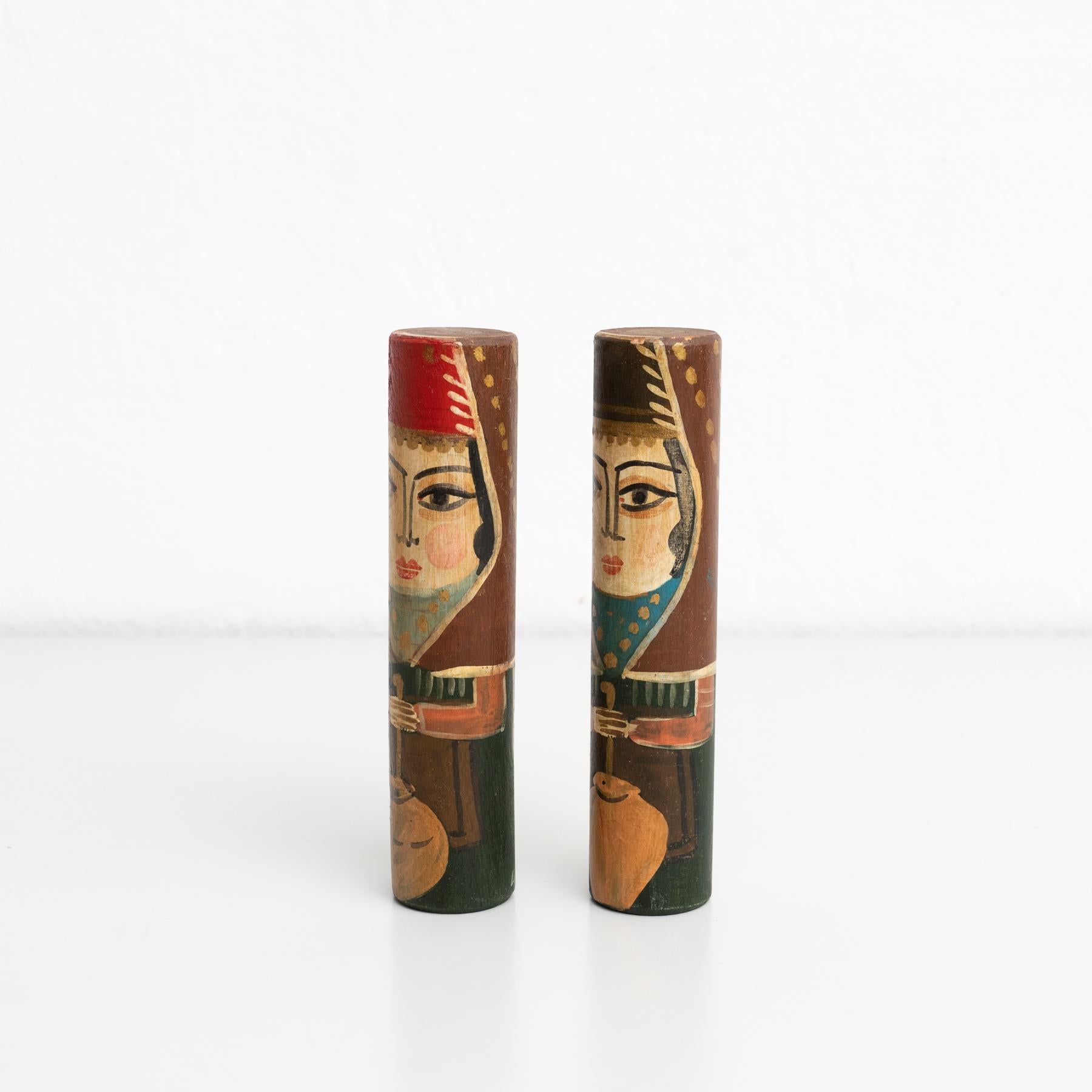 Mid-Century Modern Set of Two Antique Middle East Hand-Painted Wooden Stick Figures, circa 1960 For Sale