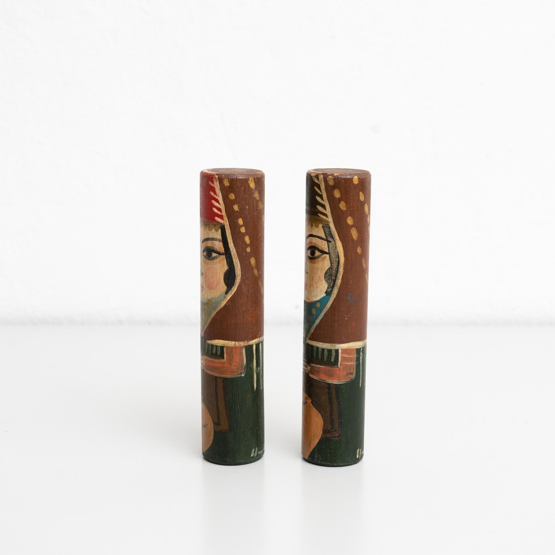 Turkish Set of Two Antique Middle East Hand-Painted Wooden Stick Figures, circa 1960 For Sale