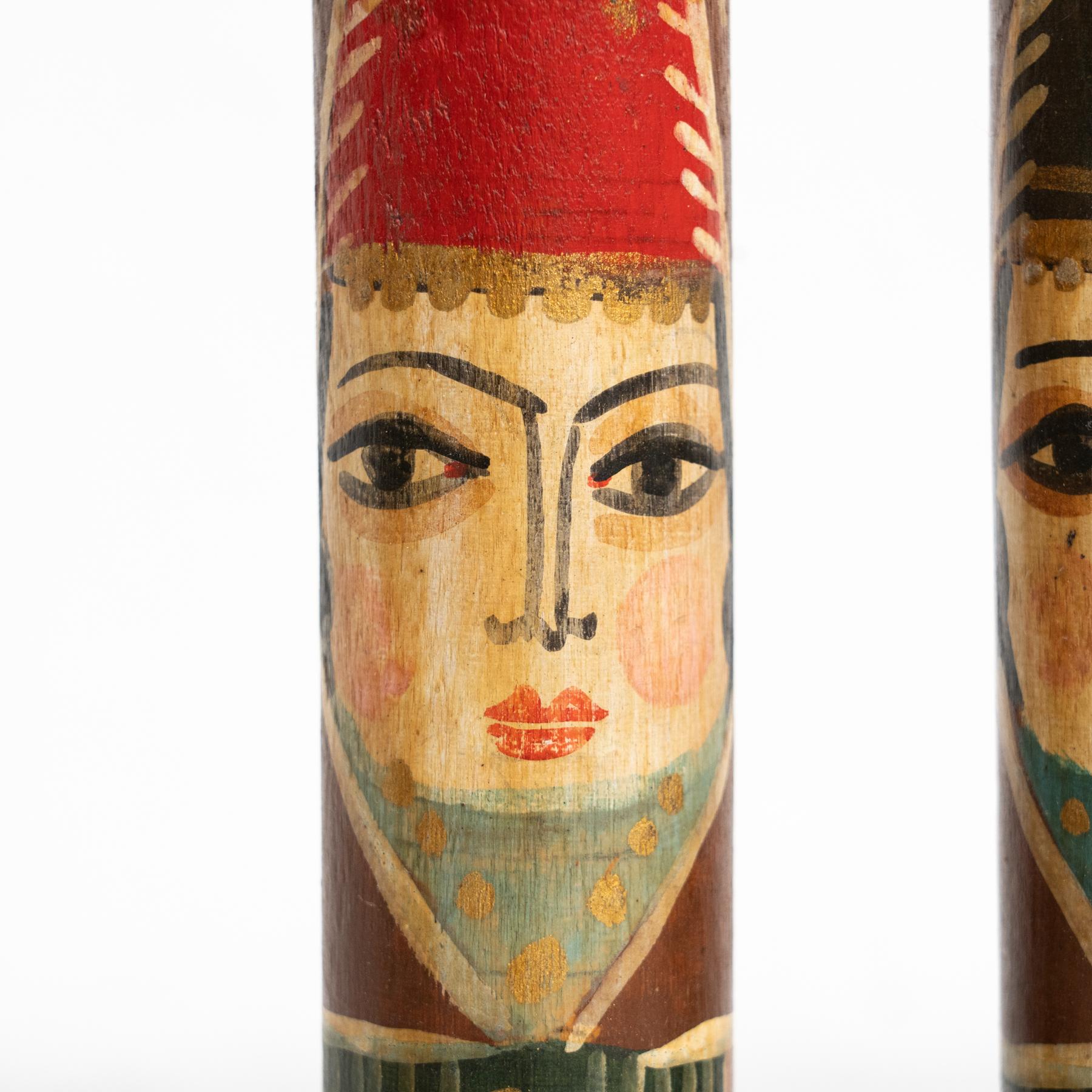 Set of Two Antique Middle East Hand-Painted Wooden Stick Figures, circa 1960 For Sale 3