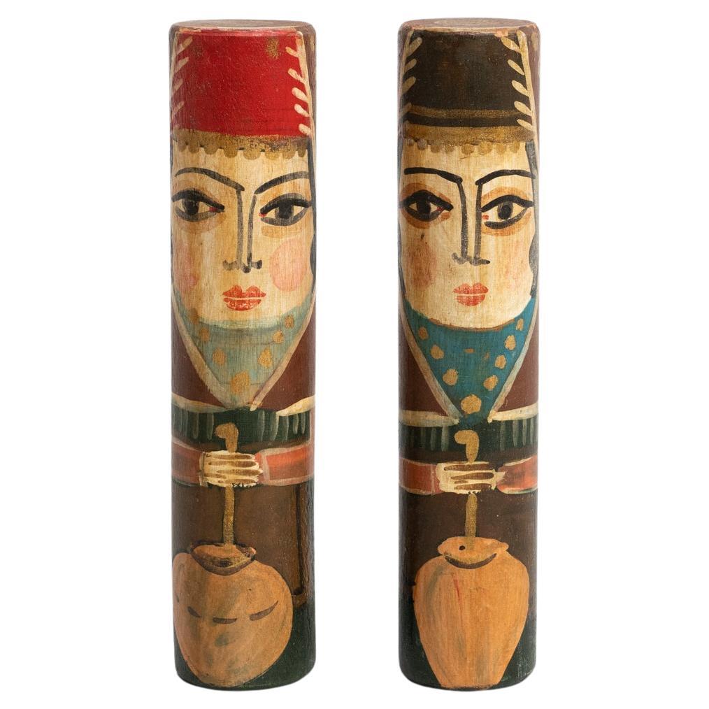 Set of Two Antique Middle East Hand-Painted Wooden Stick Figures, circa 1960 For Sale