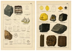 Conjunto de dos cromolitografías antiguas sobre mineralogía: fluorita, ámbar y carbón, 1888