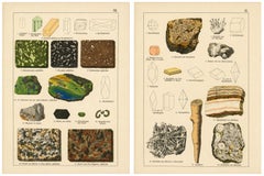 Conjunto de dos cromolitografías antiguas de mineralogía: granito, calcita y fósil, 1888