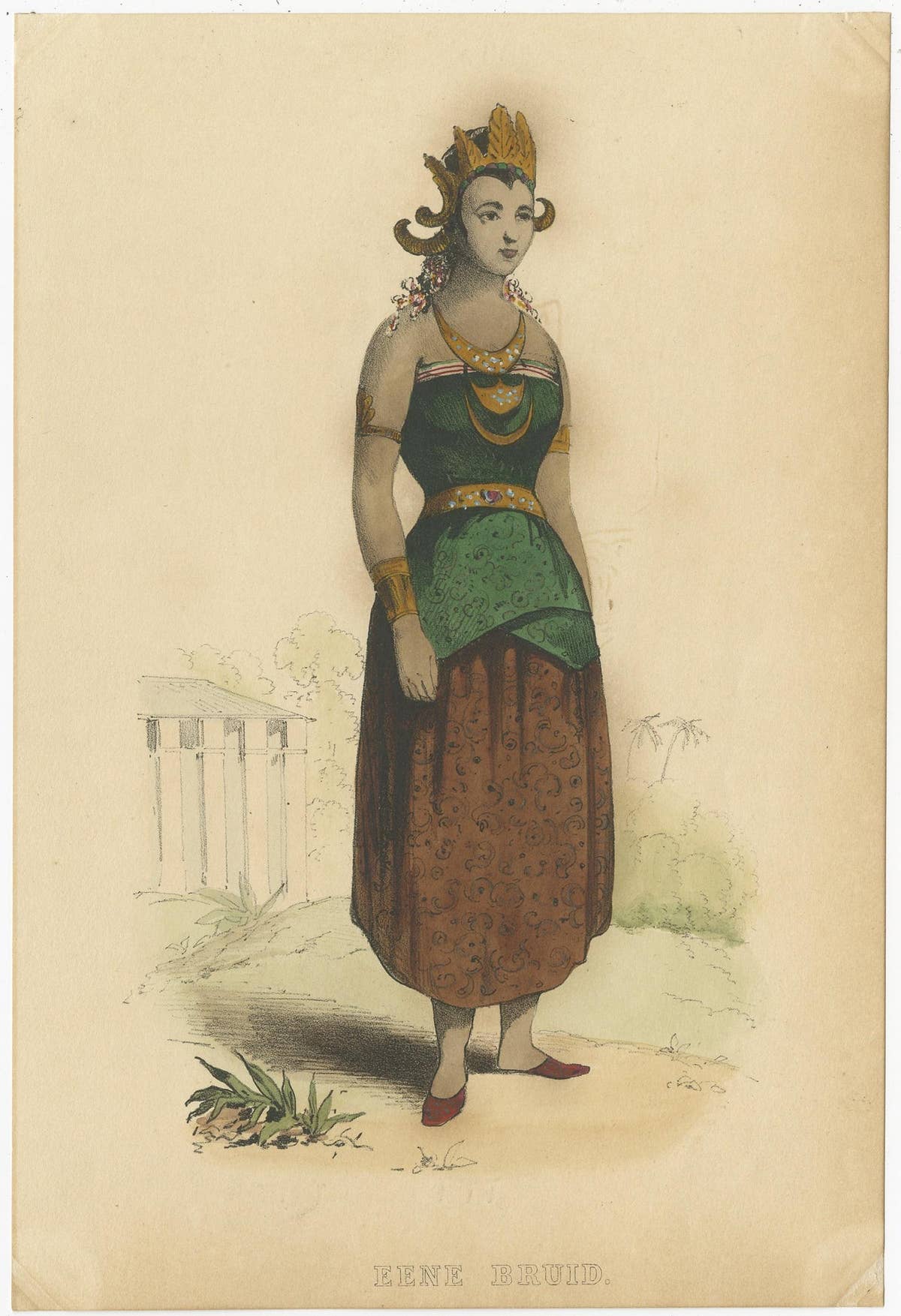 Set of Two Antique Prints of a Bride and Groom, circa 1850