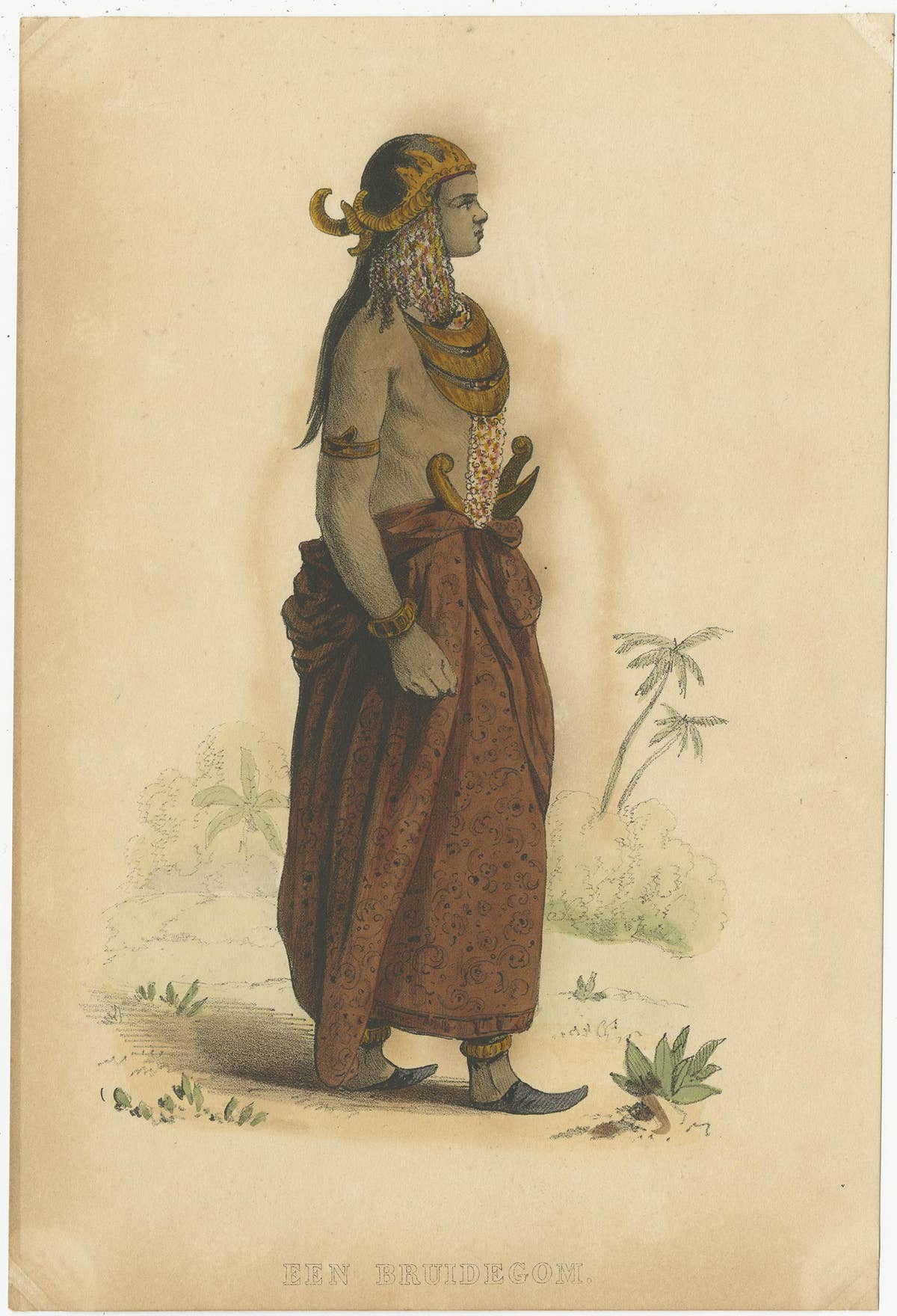 Set of Two Antique Prints of a Bride and Groom, circa 1850