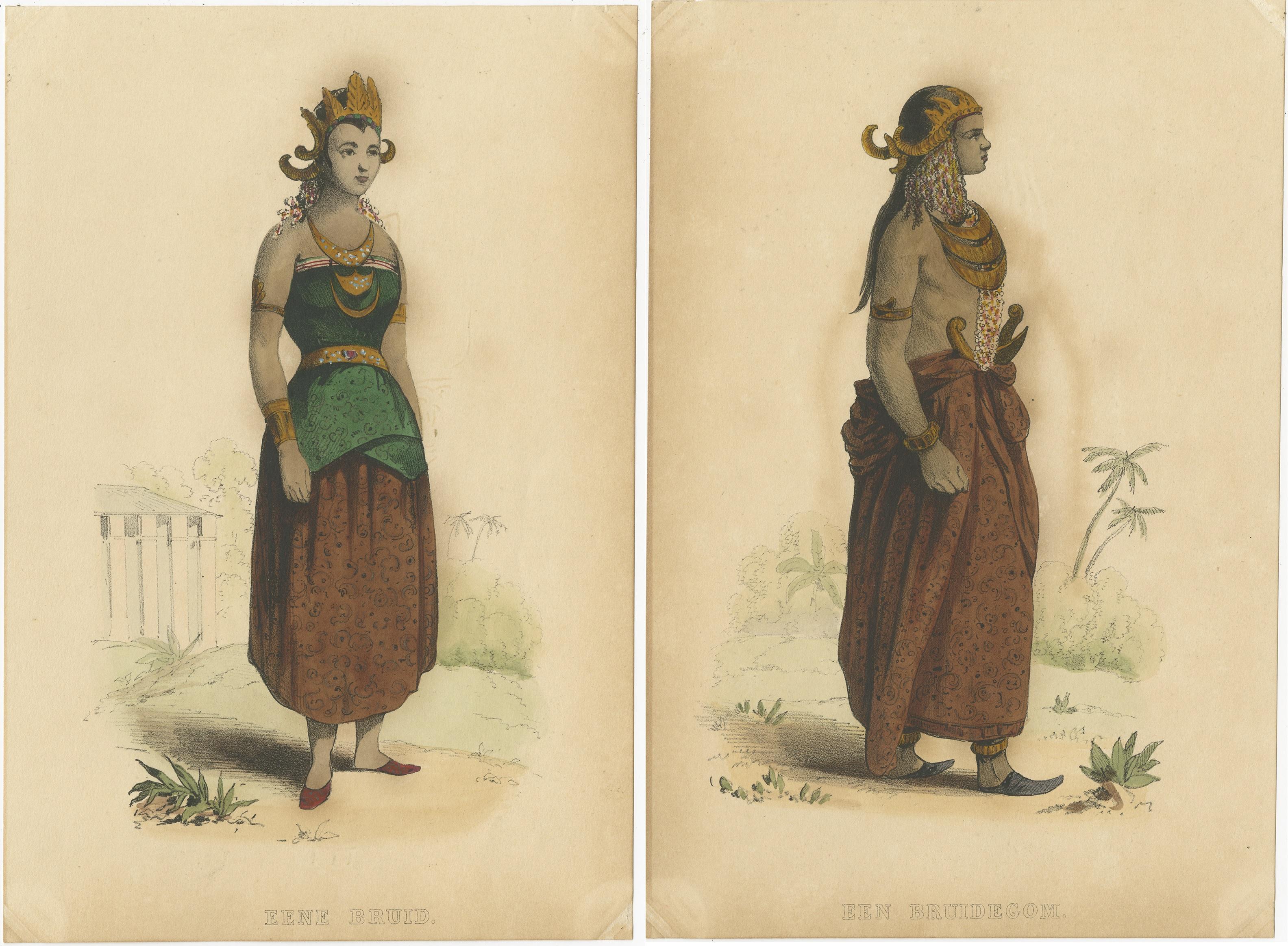 19th Century Set of Two Antique Prints of a Bride and Groom, circa 1850 For Sale