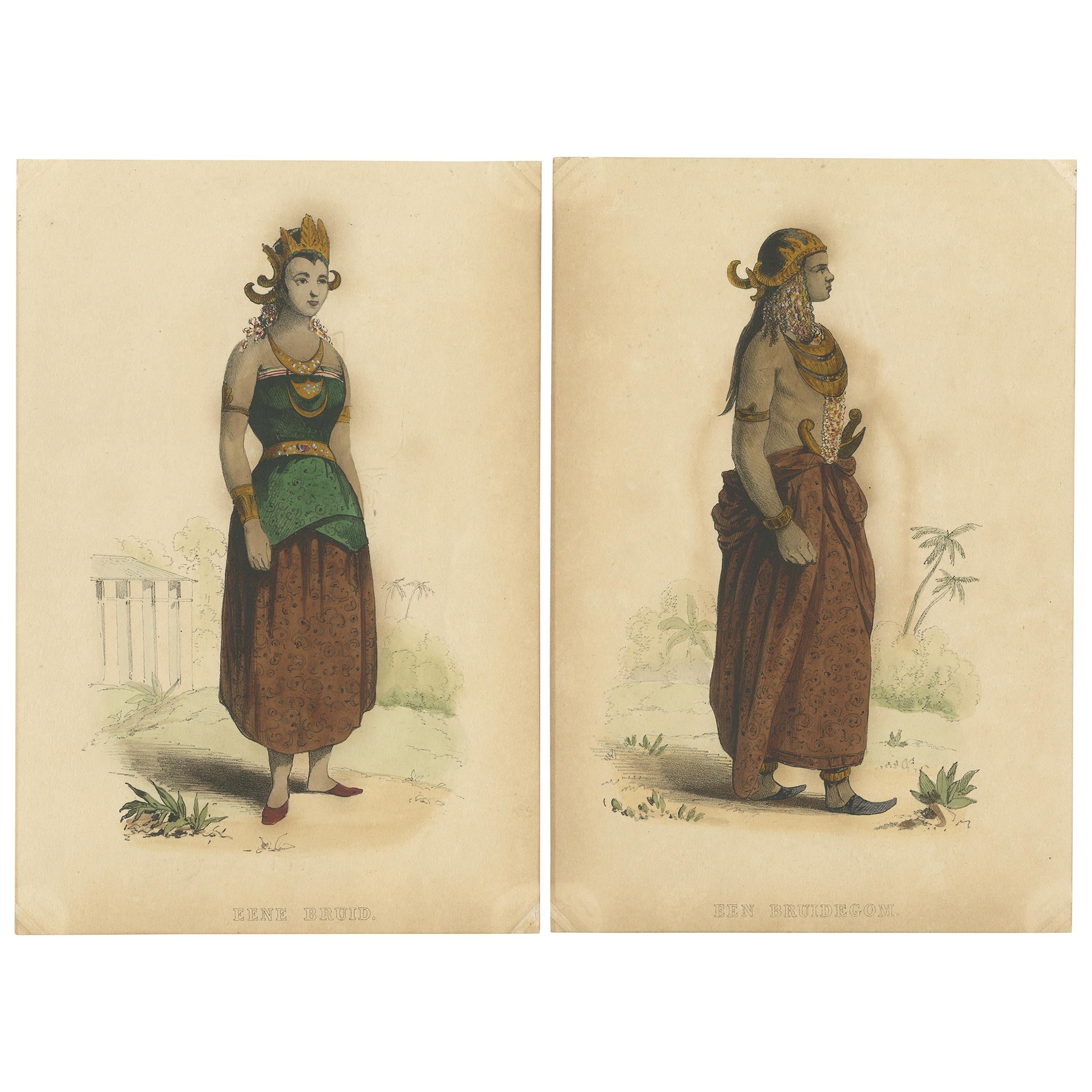 Set of Two Antique Prints of a Bride and Groom, circa 1850 For Sale