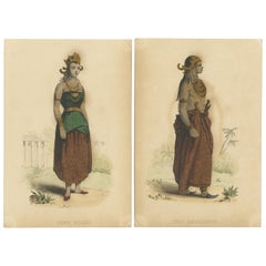 Set of Two Antique Prints of a Bride and Groom, circa 1850