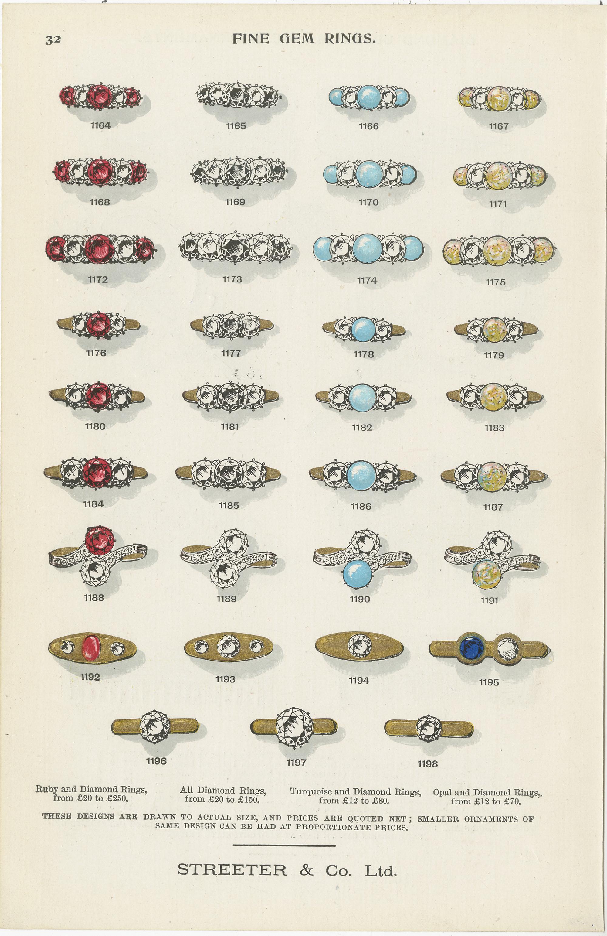 Set of two antique prints titled 'Fine Gem Rings'. Two original chromolithographic plates of fine gem rings. These prints originate from 'Gems', a catalog containing fascinating essays on 31 individual gem stones, as well as on heraldry, and the