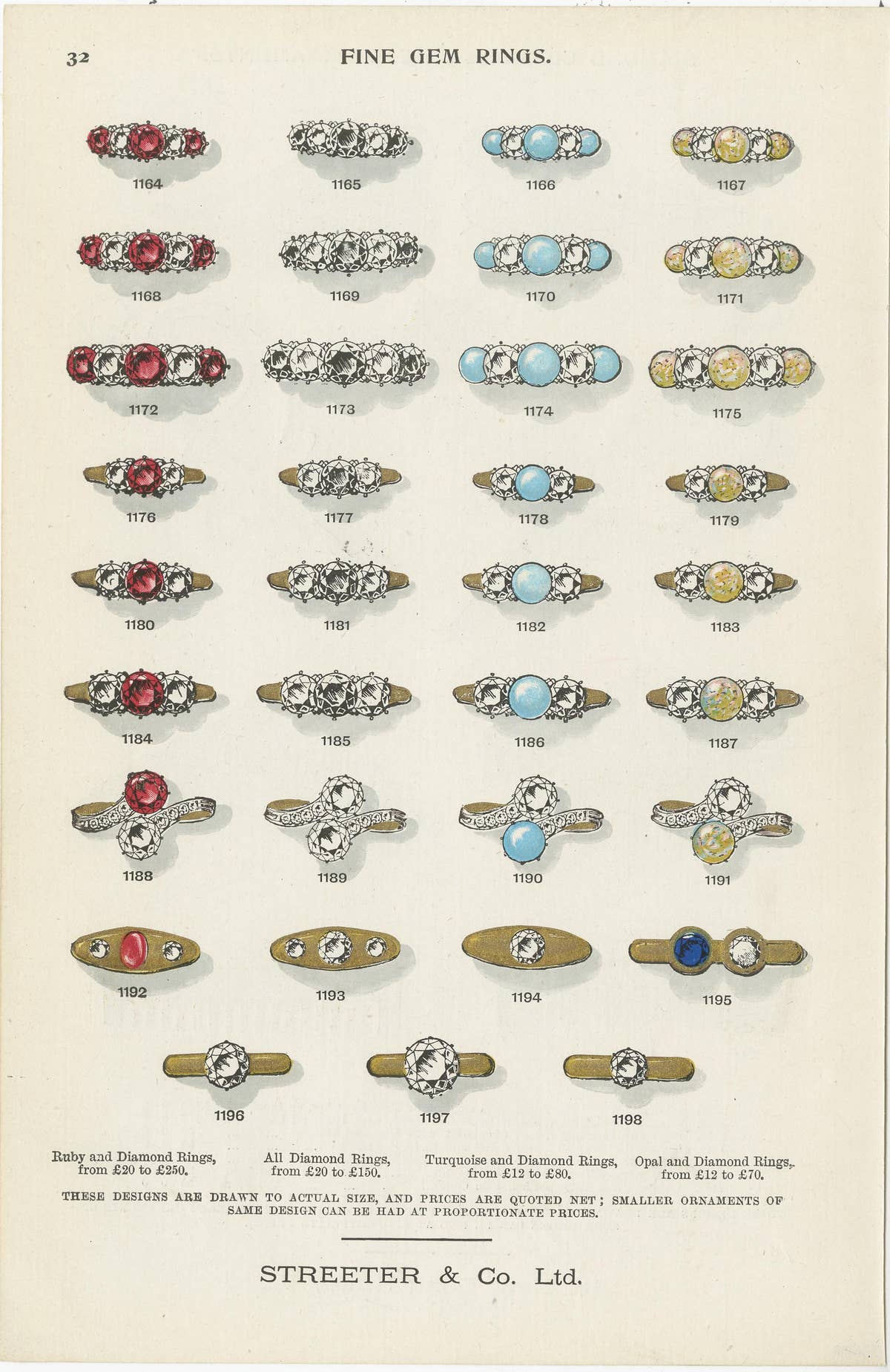Set of Two Antique Prints of Fine Gem Rings by Streeter, 1898