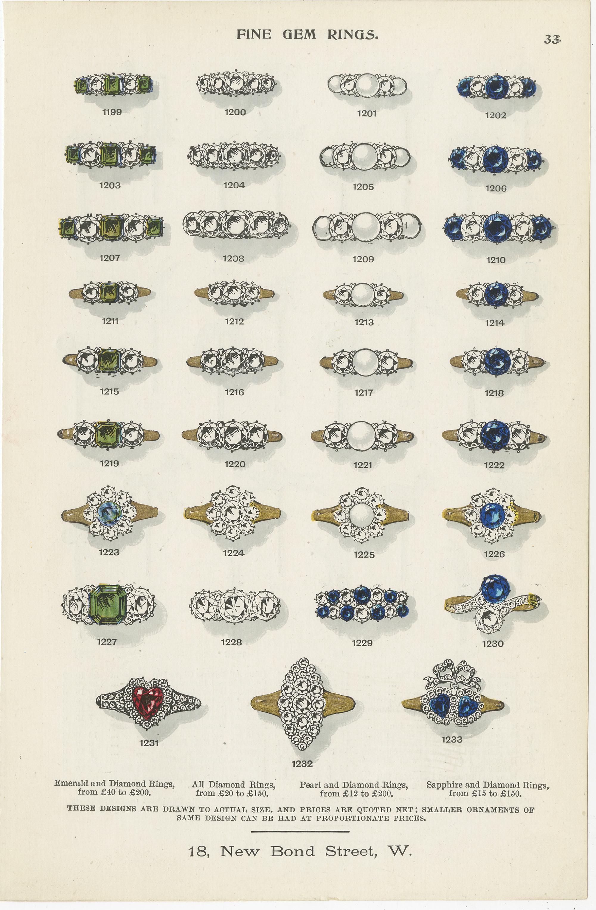 Set of Two Antique Prints of Fine Gem Rings by Streeter, 1898 In Good Condition For Sale In Langweer, NL