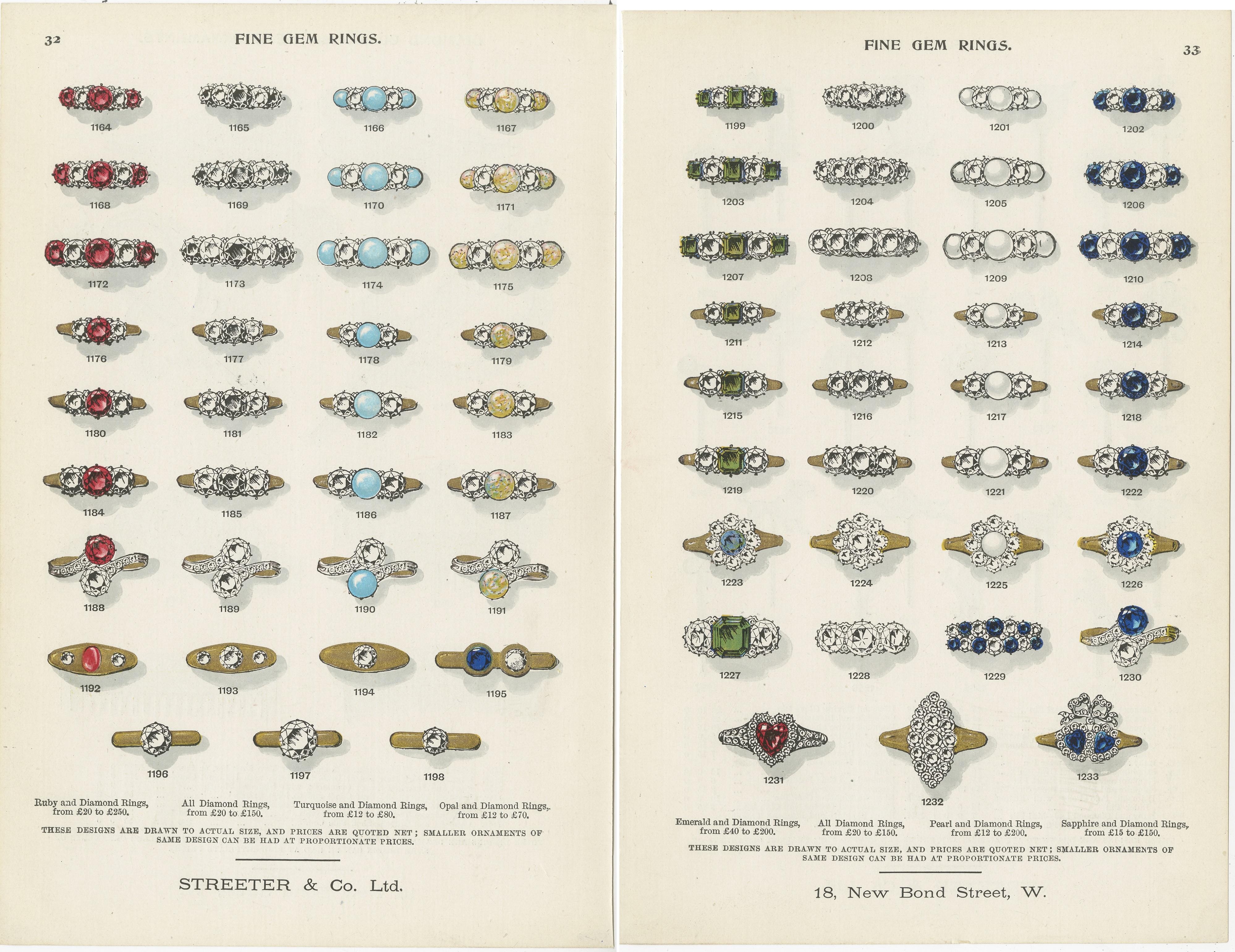 19th Century Set of Two Antique Prints of Fine Gem Rings by Streeter, 1898 For Sale