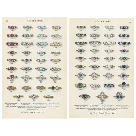 Set of Two Antique Prints of Fine Gem Rings by Streeter, 1898