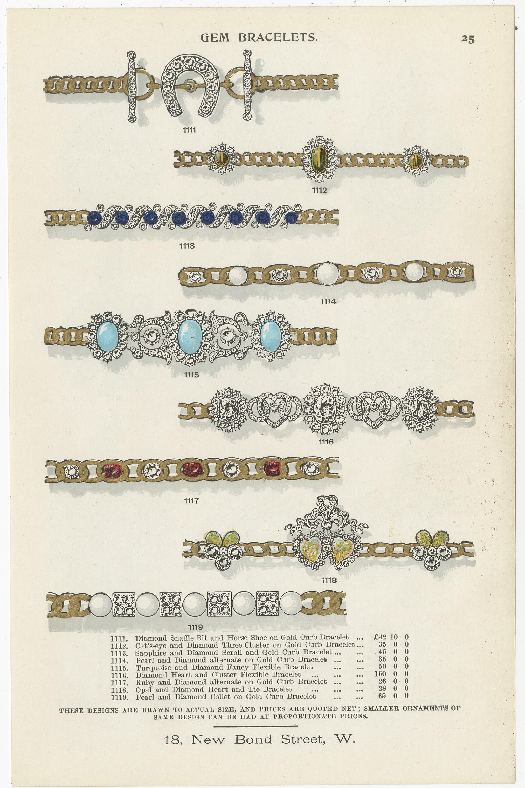 Set of two antique prints titled 'Gem Bracelets'. Two original chromolithographic plates of gem bracelets. These prints originate from 'Gems', a catalog containing fascinating essays on 31 individual gem stones, as well as on heraldry, and the