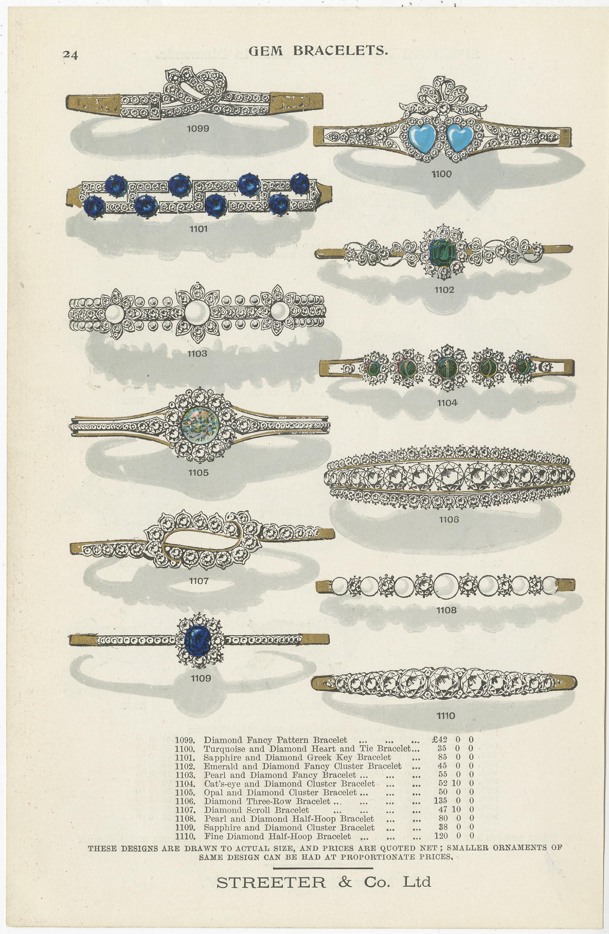 Set of Two Antique Prints of Gem Bracelets by Streeter, '1898' In Good Condition For Sale In Langweer, NL
