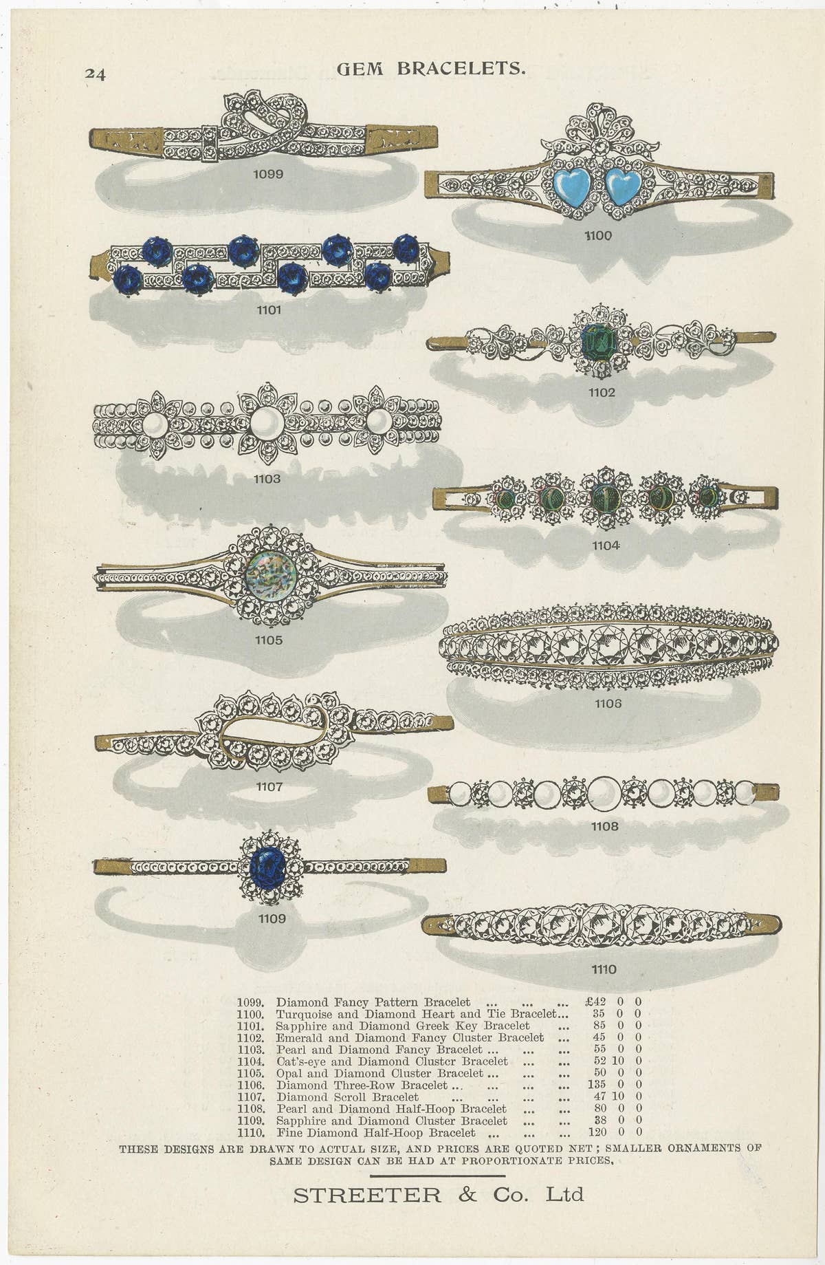Set of Two Antique Prints of Gem Bracelets by Streeter, '1898'