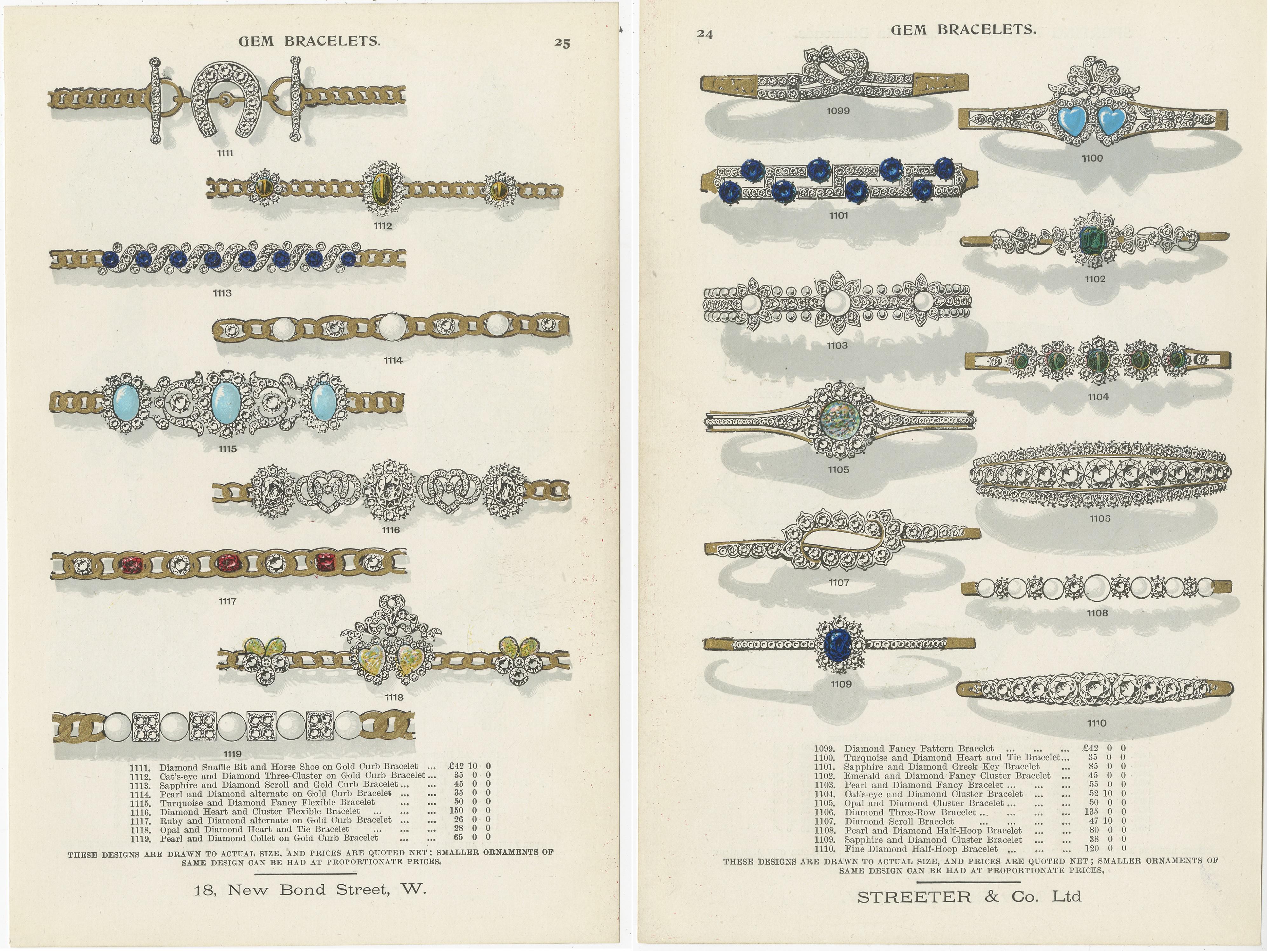 19th Century Set of Two Antique Prints of Gem Bracelets by Streeter, '1898' For Sale