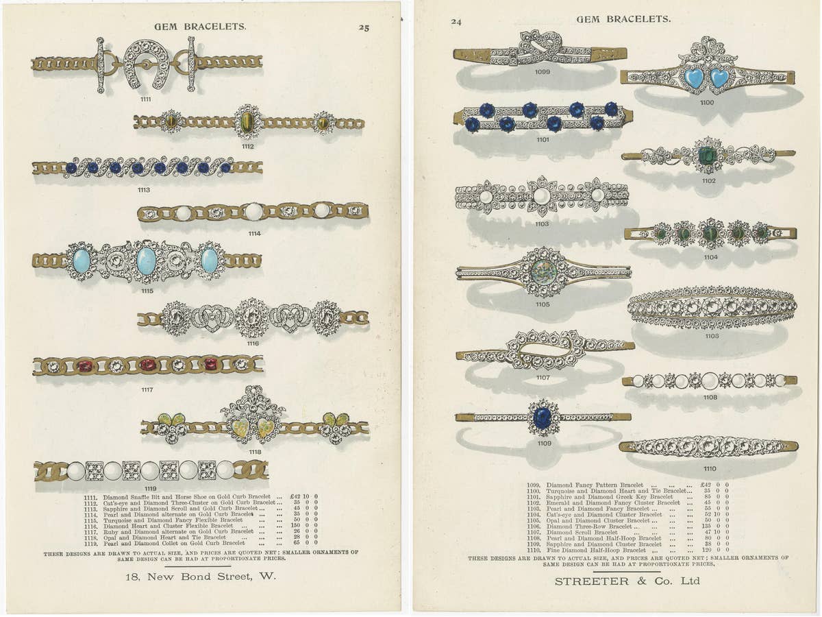Set of Two Antique Prints of Gem Bracelets by Streeter, '1898'