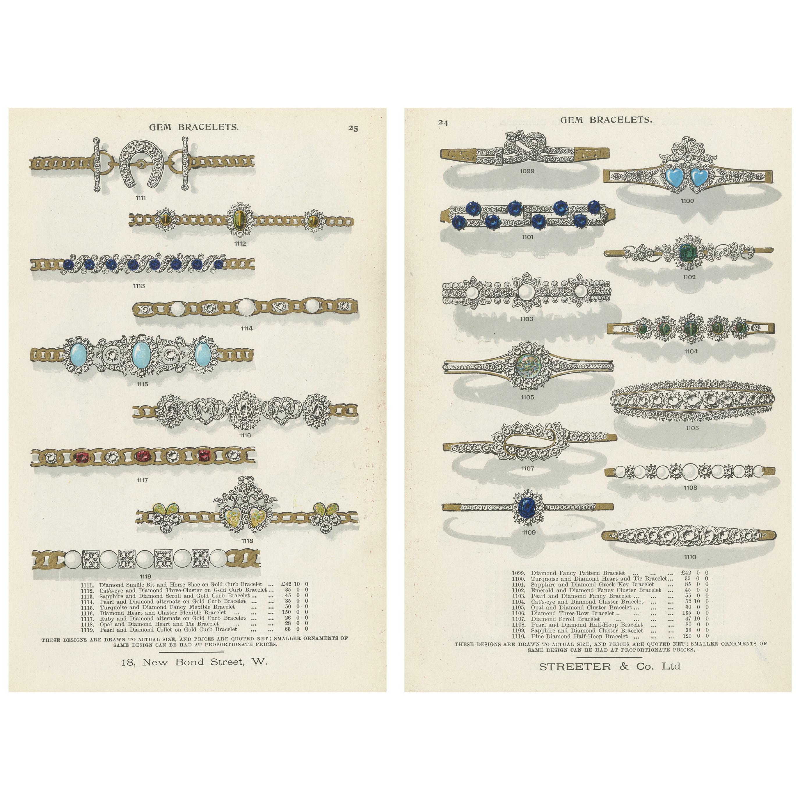 Set of Two Antique Prints of Gem Bracelets by Streeter, '1898' For Sale