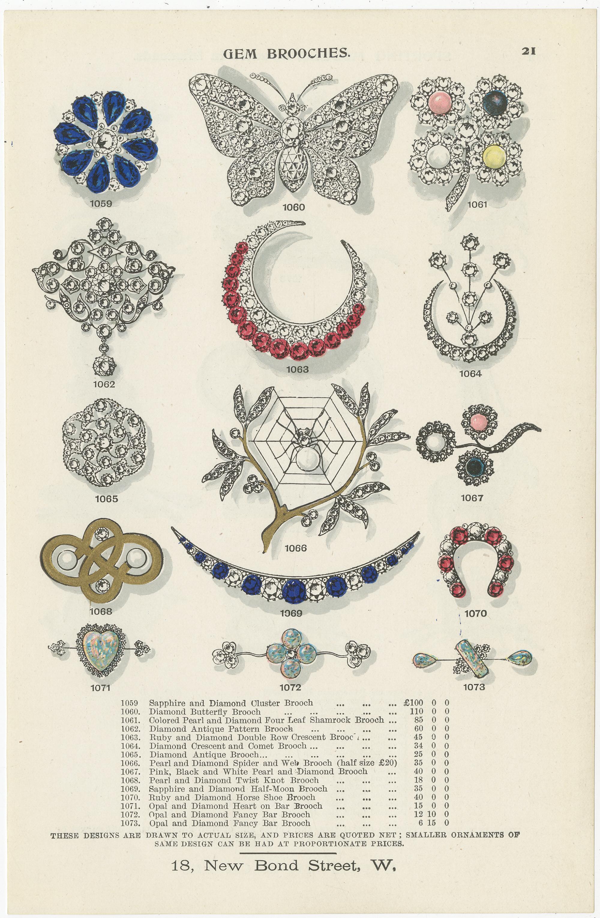 Set of two antique prints titled 'Gem Brooches'. Two original chromolithographic plates of gem brooches. These prints originate from 'Gems', a catalog containing fascinating essays on 31 individual gem stones, as well as on heraldry, and the