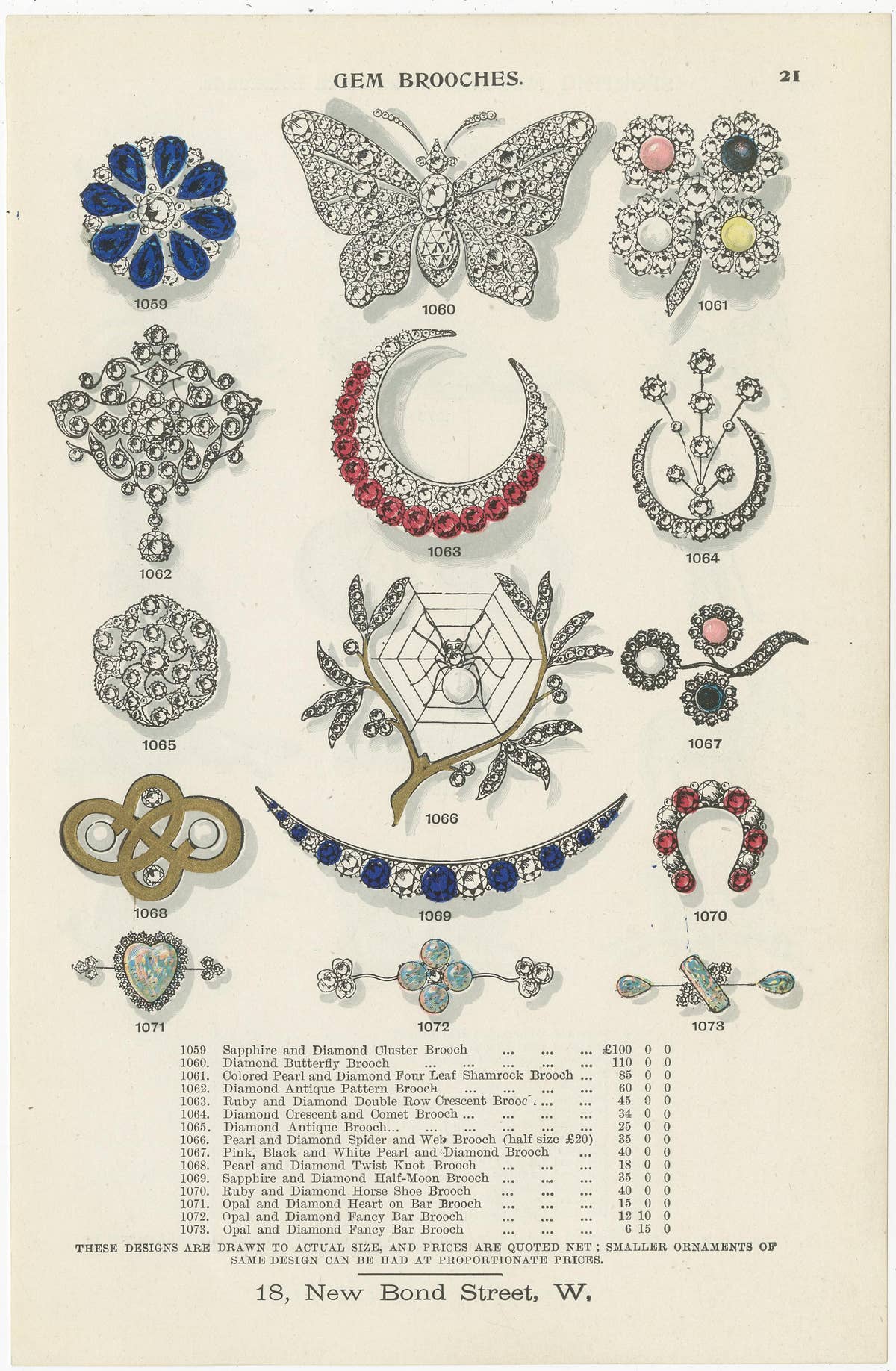 Set of Two Antique Prints of Gem Brooches by Streeter '1898'