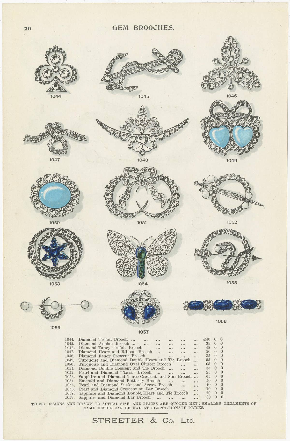 Set of Two Antique Prints of Gem Brooches by Streeter '1898'