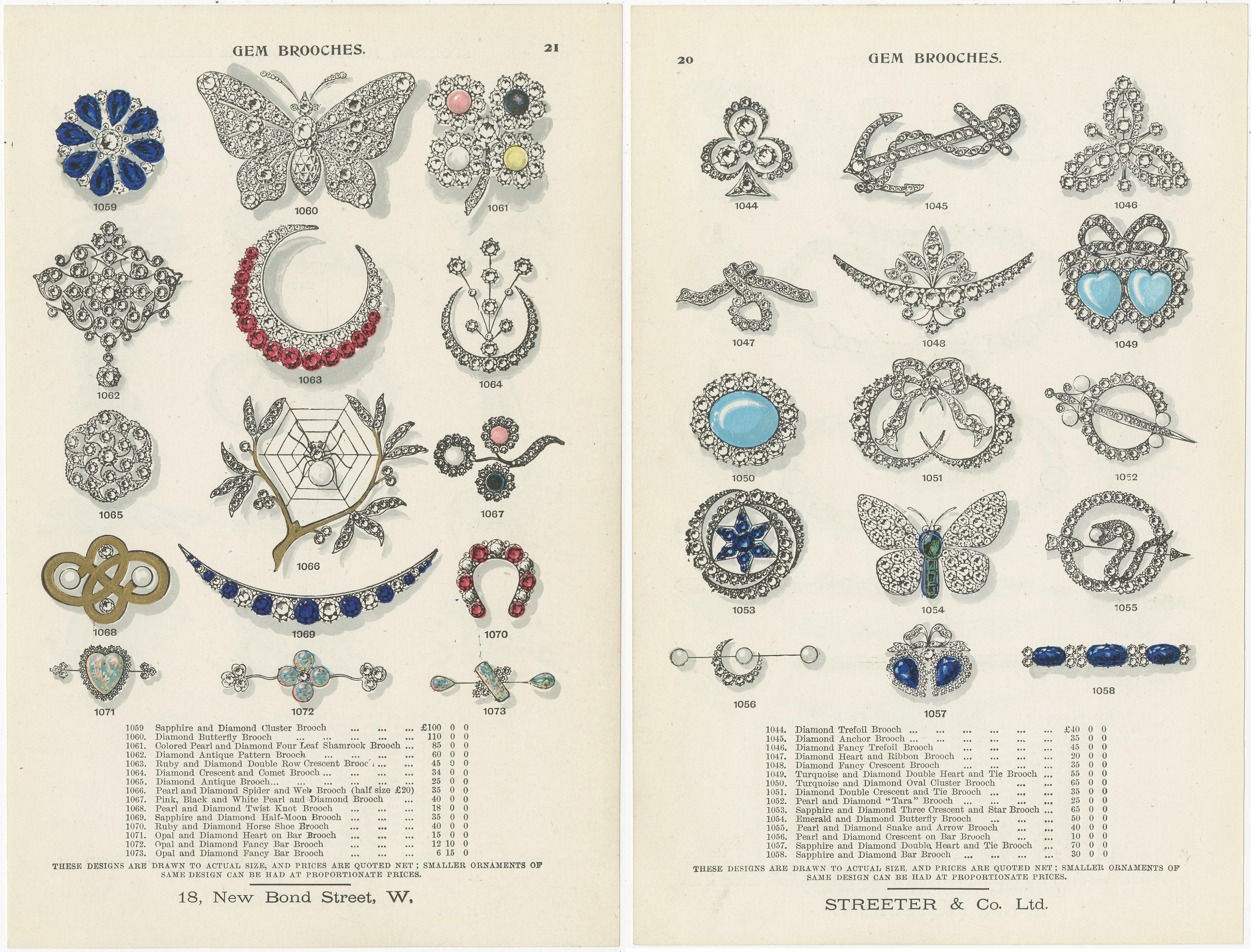 Set of Two Antique Prints of Gem Brooches by Streeter '1898' In Good Condition For Sale In Langweer, NL