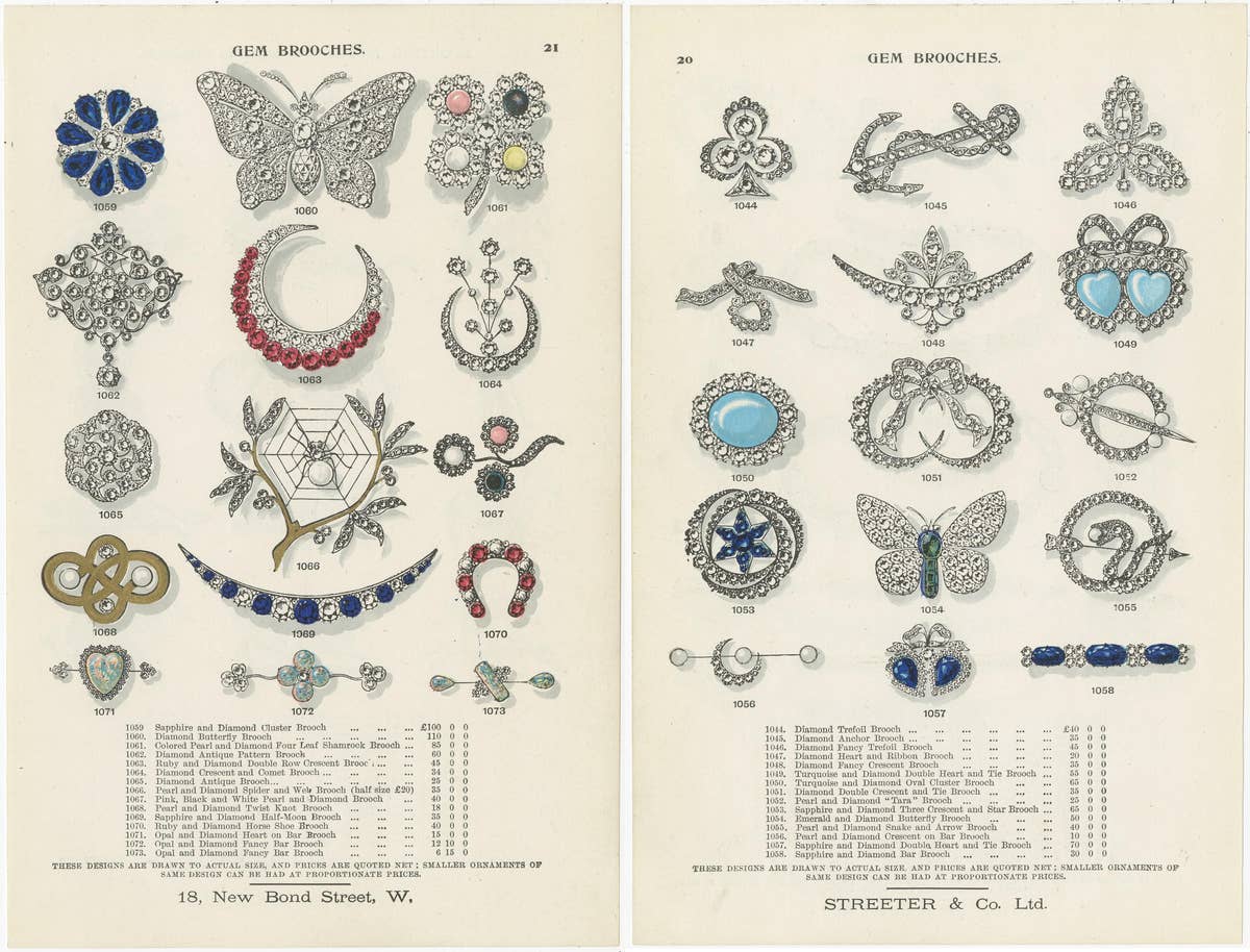 Set of Two Antique Prints of Gem Brooches by Streeter '1898'