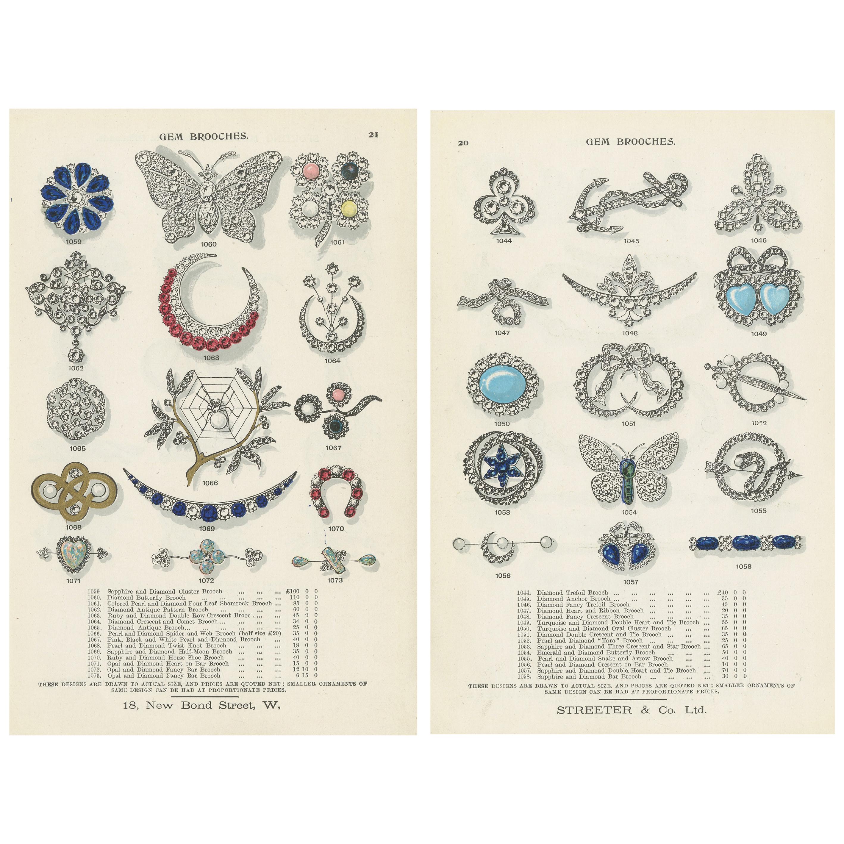 Set of Two Antique Prints of Gem Brooches by Streeter '1898'