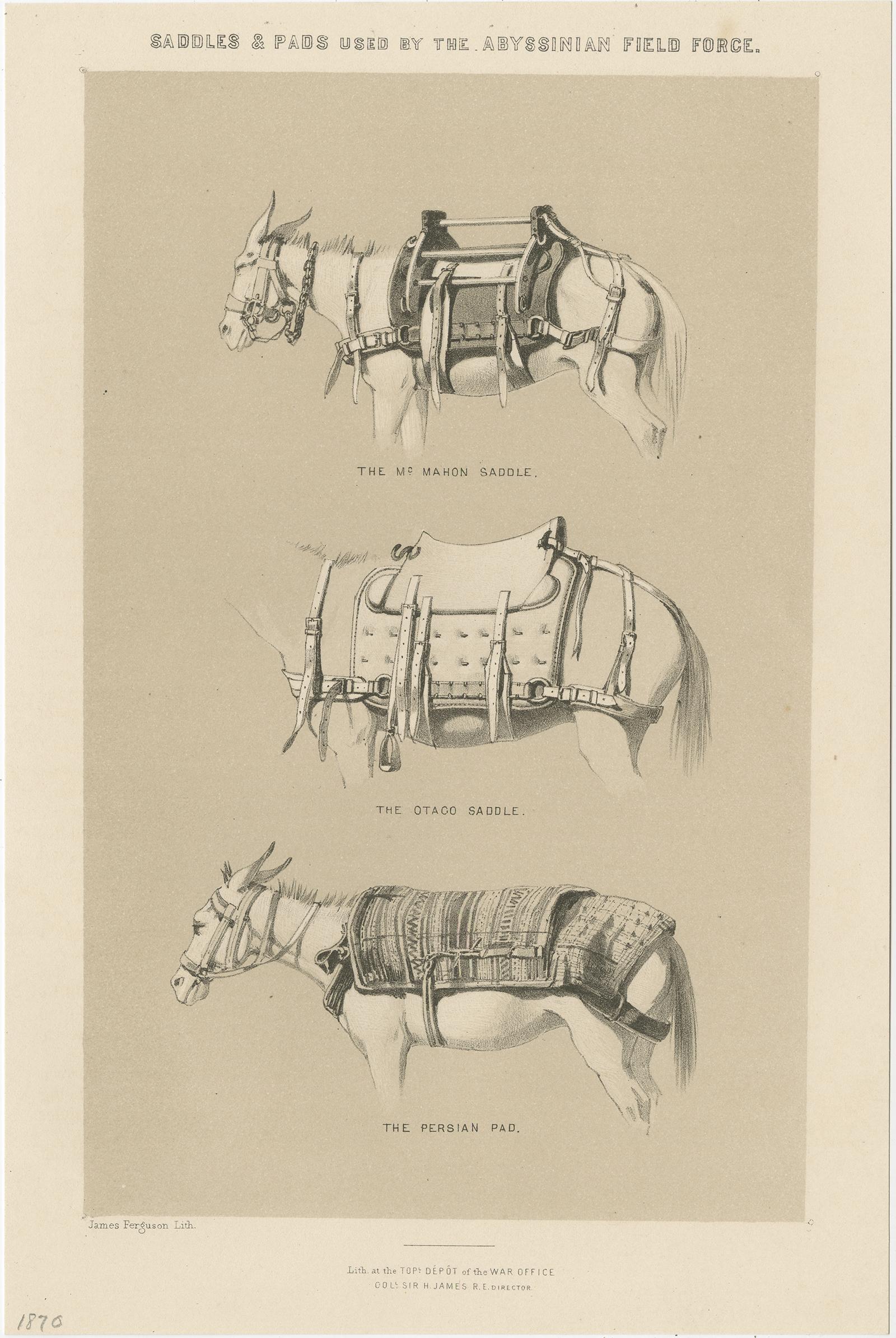 Antique print titled 'Saddles & Pads used by the Abyssinian Field Force'. Set of two lithographs of saddles and pads used by the Abysinnian Field Force. This print originates from 'Record of the Expedition to Abyssinia compiled by order of the