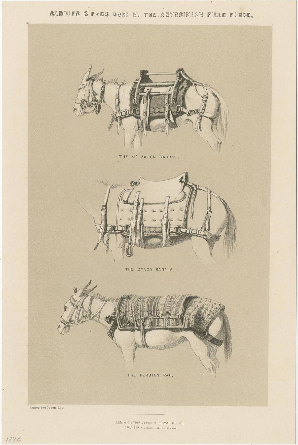 Set of Two Antique Prints of Saddles and Pads Used by the Field Force, 1870